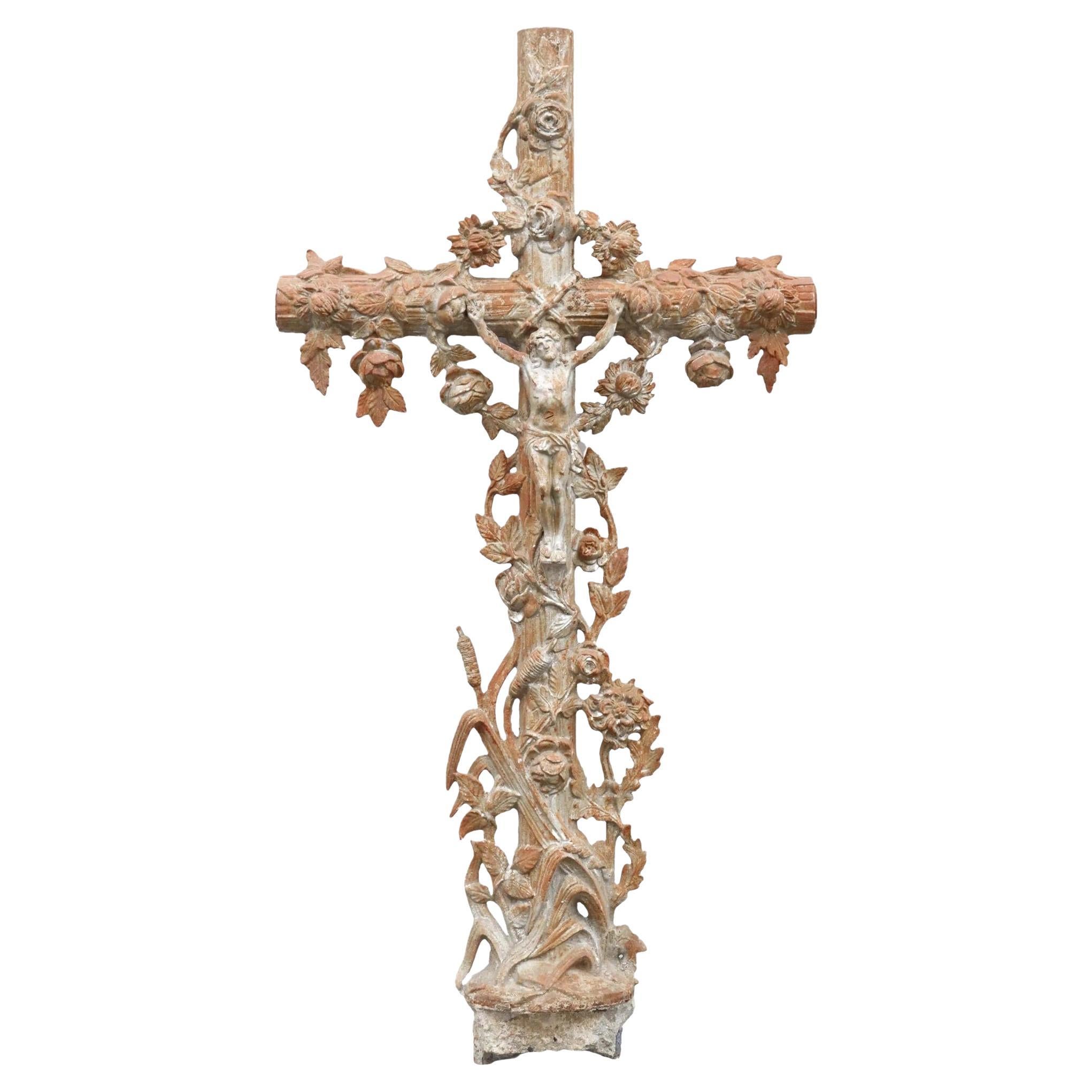 Antique French Cast Iron Faux Bois Crucifix Cross, 19th C. For Sale