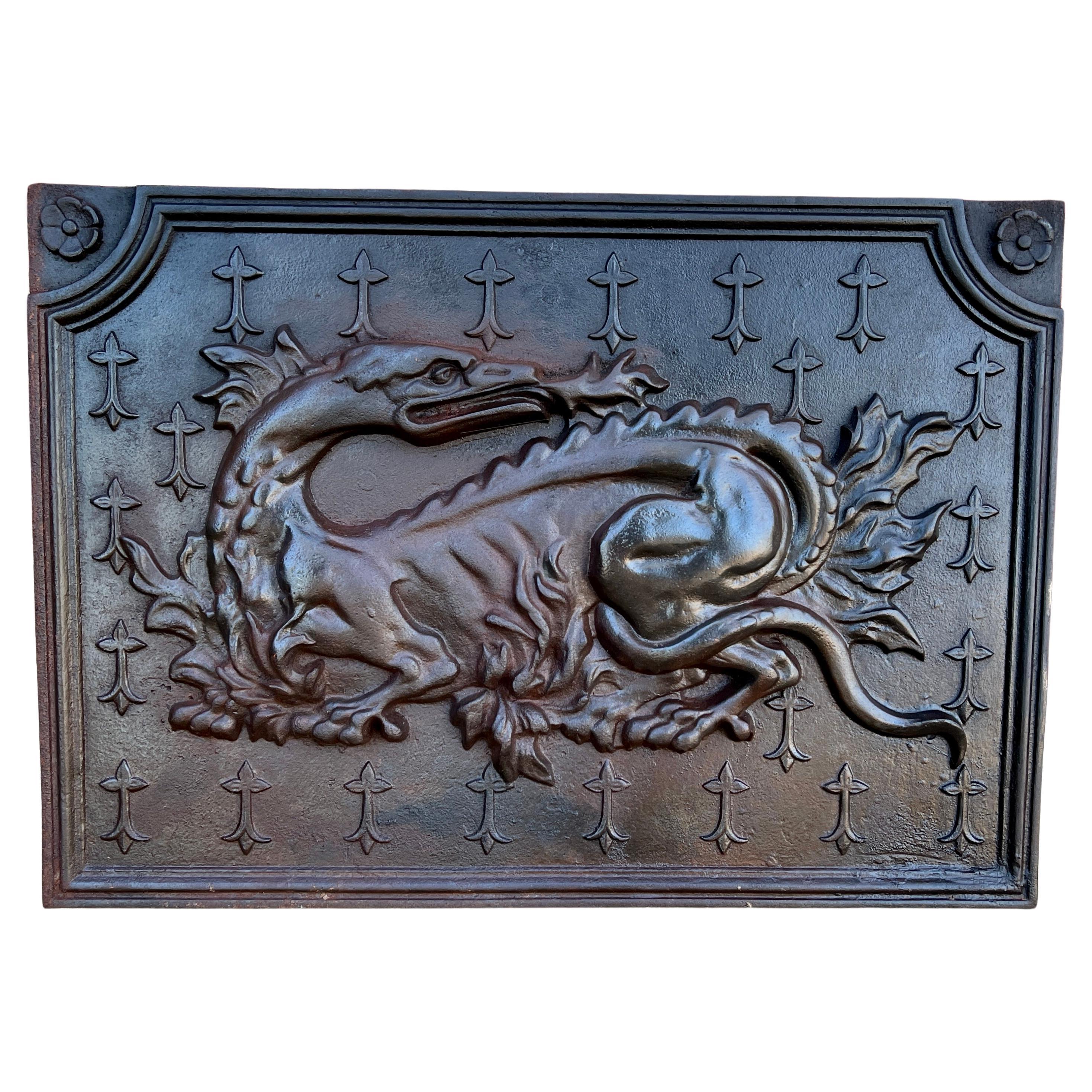 Antique French Cast Iron Fire Back "The Salamander of Francois" Fireplace Hearth For Sale