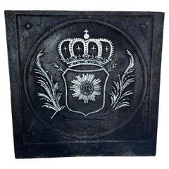 Antique French Cast Iron Fireback Fireplace Hearth Crown Armorial Coat of Arms 
