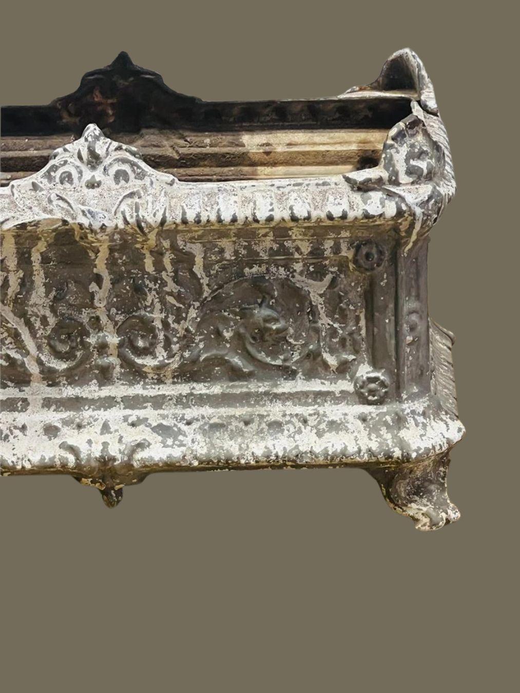 Molded Antique French Cast Iron Garden Urn – Ornate Planter with Aged Patina For Sale