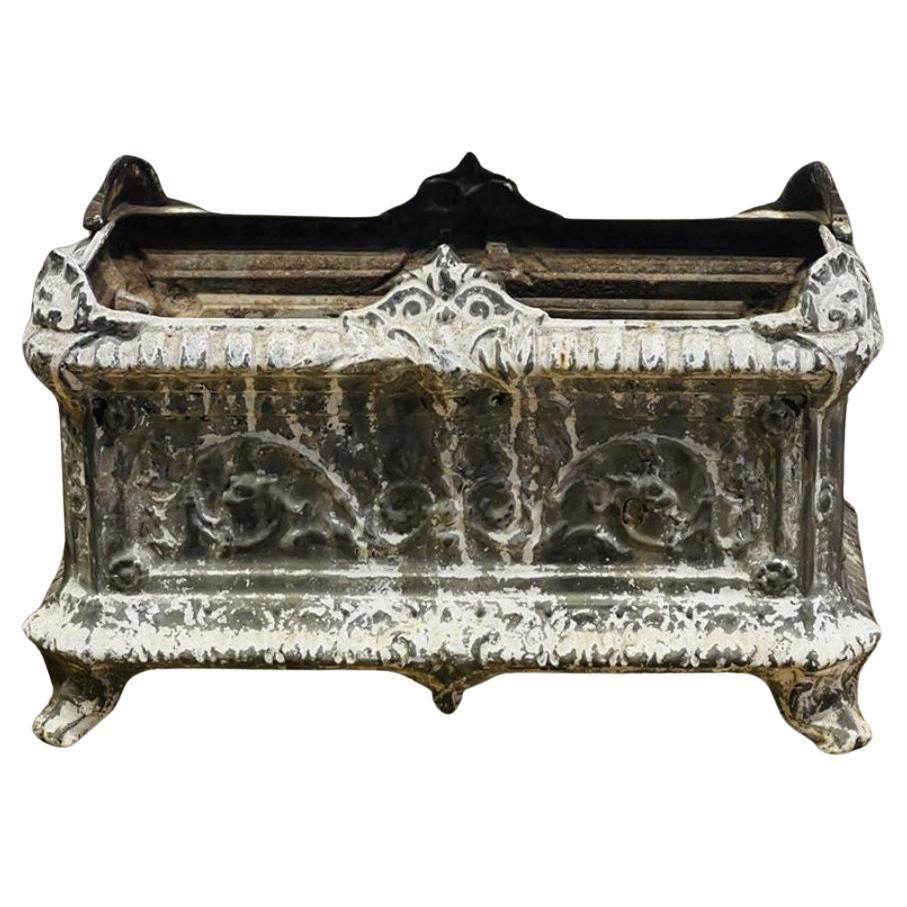 Antique French Cast Iron Garden Urn – Ornate Planter with Aged Patina For Sale