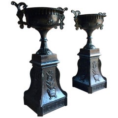 Antique French Cast Iron Garden Urns, Pair of Planters 