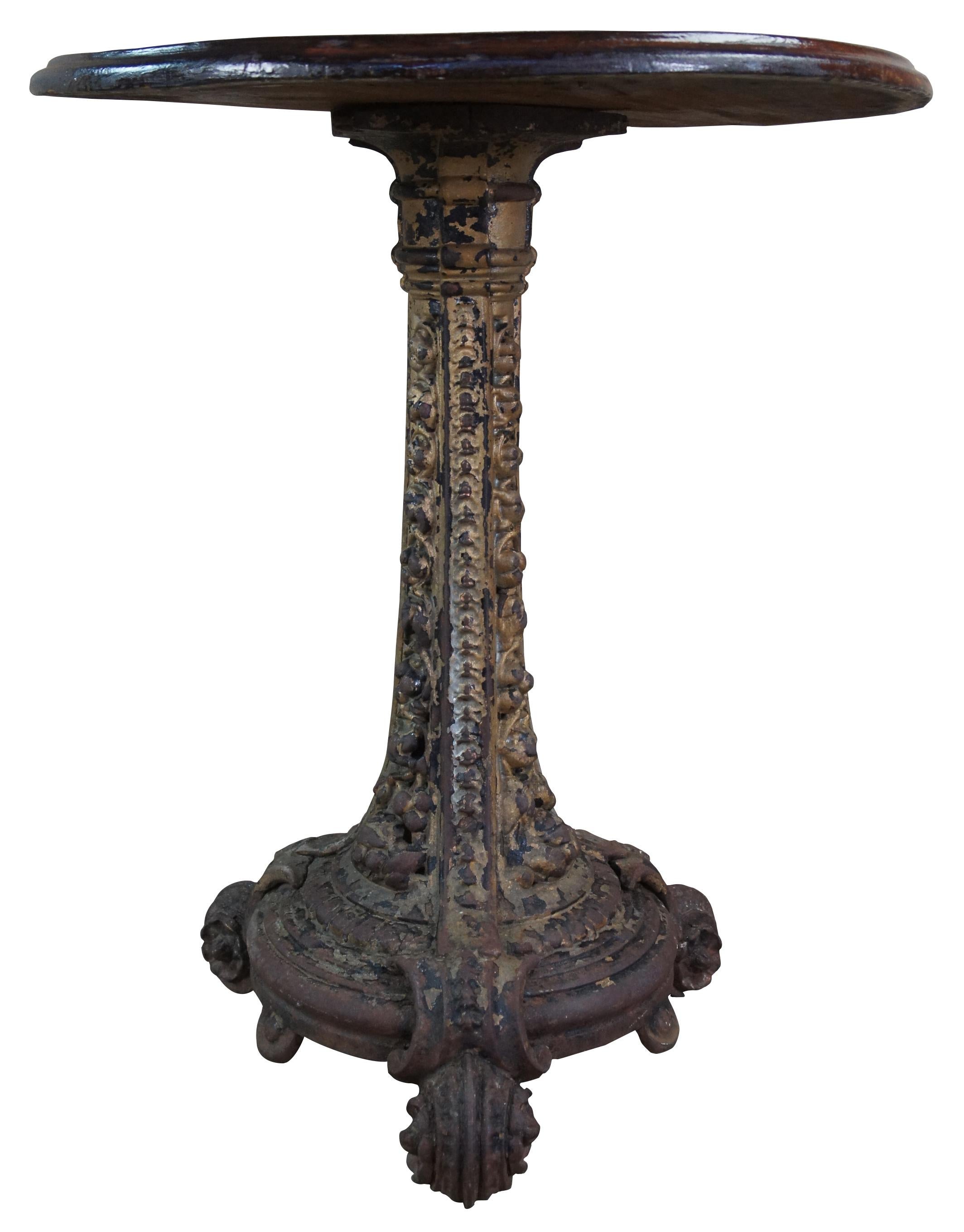 French Provincial Antique French Cast Iron & Mahogany Bistro Cafe Pedestal Garden Table Gueridon