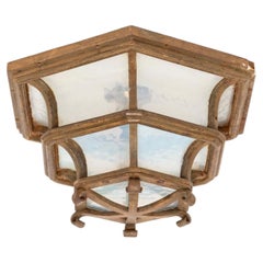 Antique French Cast Iron Opaline Glass Flush Mounted Bulkhead Light. c.1920