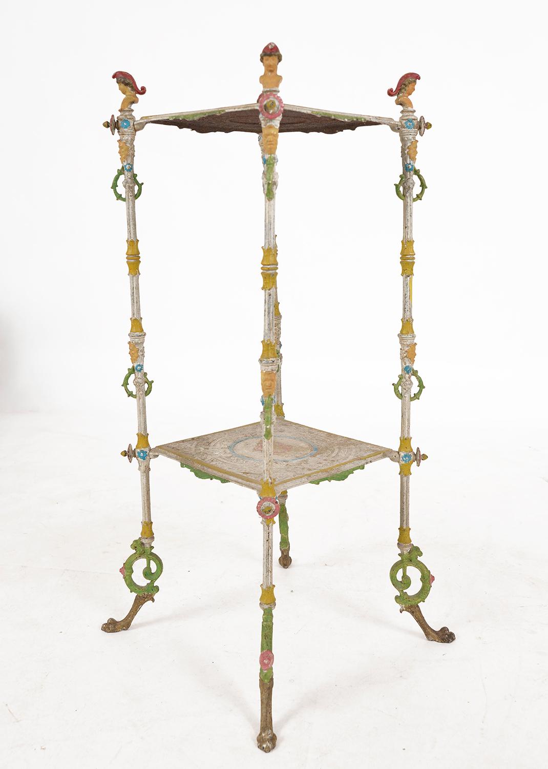 Antique French Cast Iron Polychrome Painted Plant Stand Torchere Jardiniere 1