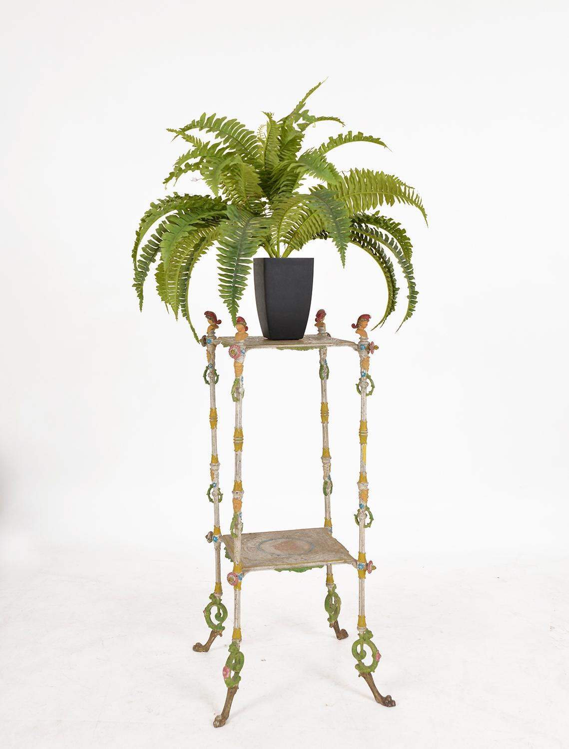 Antique French Cast Iron Polychrome Painted Plant Stand Torchere Jardiniere 2
