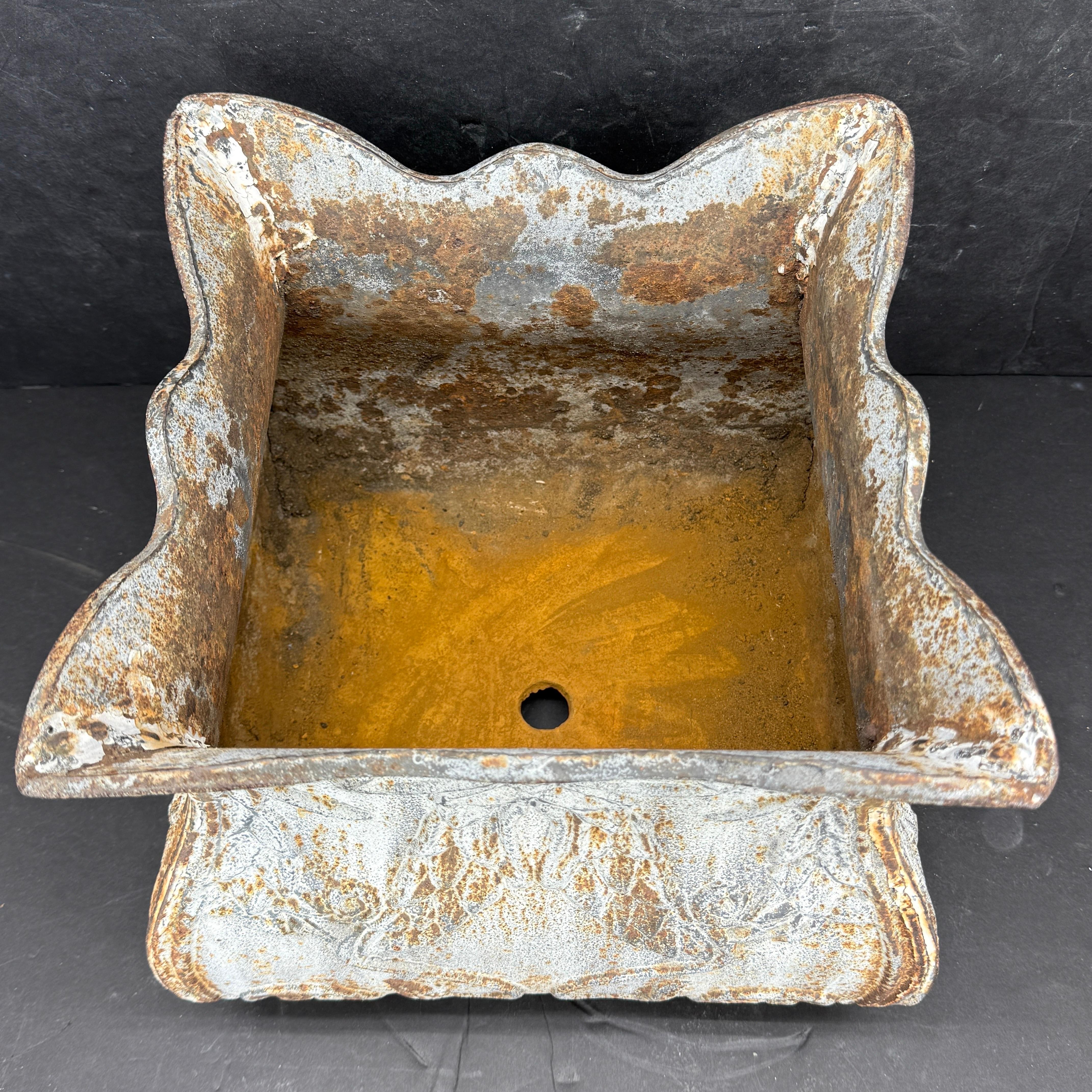 Art Nouveau Antique French Cast Iron Square Garden Jardiniere Planter For Sale