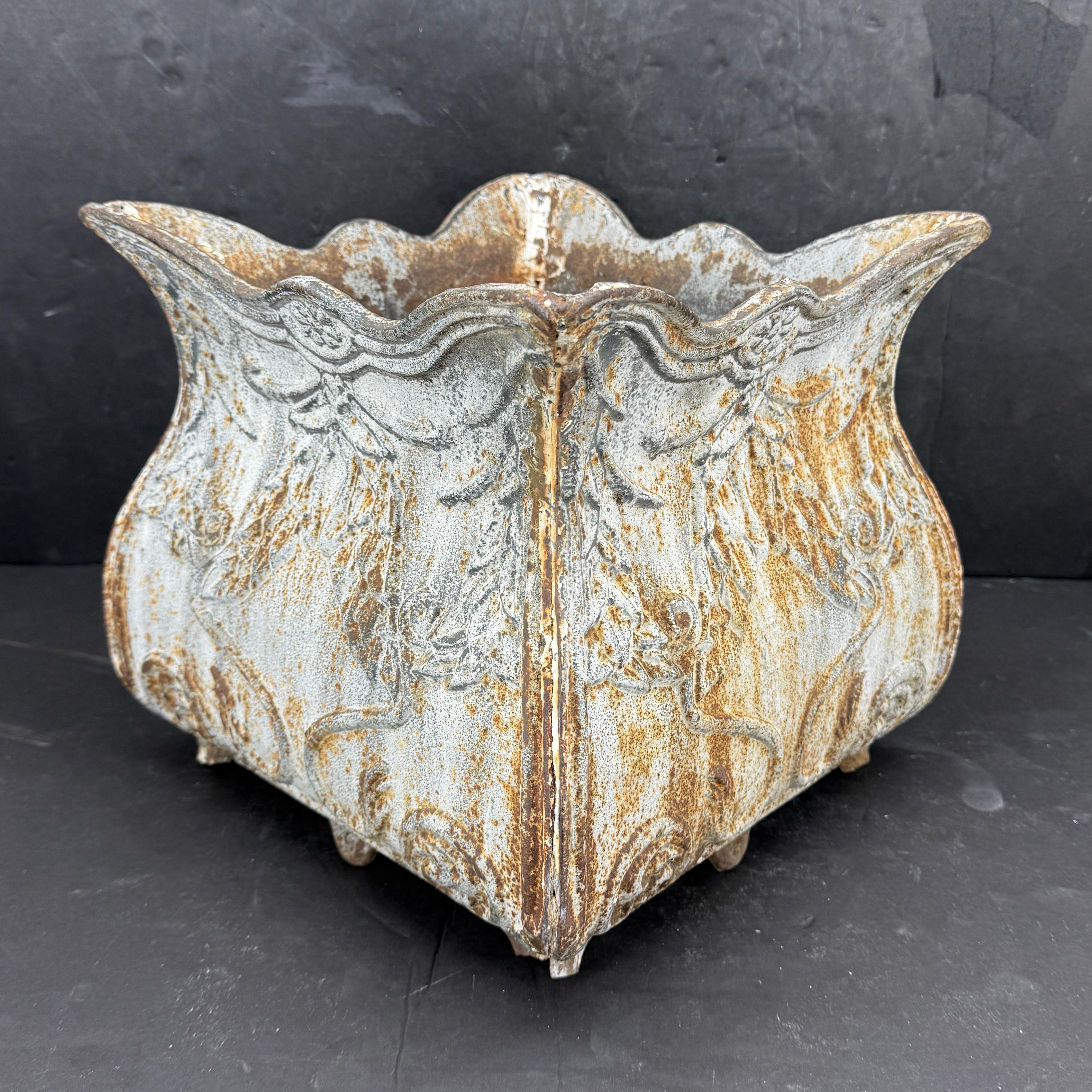 Antique French Cast Iron Square Garden Jardiniere Planter For Sale 1