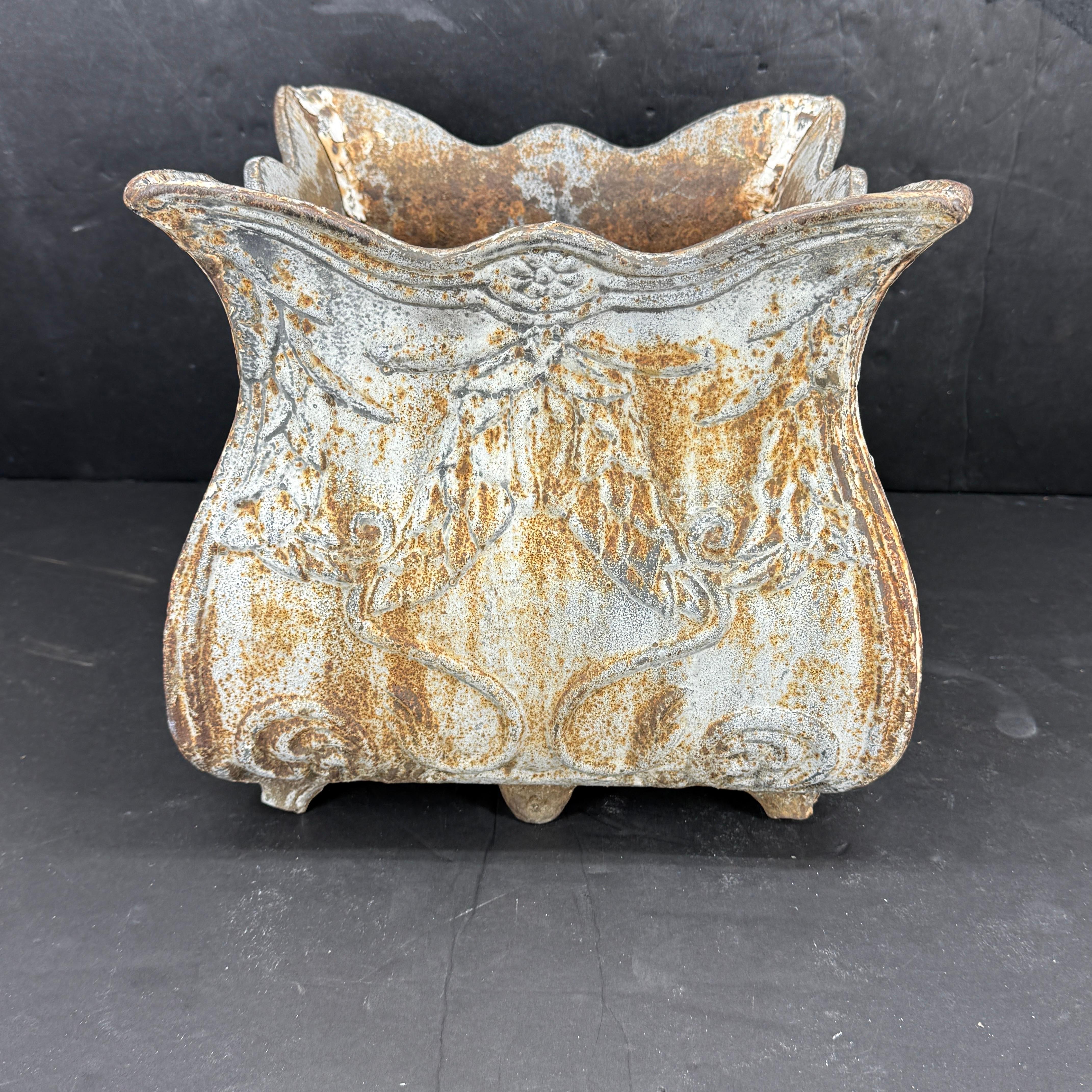 Antique French Cast Iron Square Garden Jardiniere Planter For Sale 2