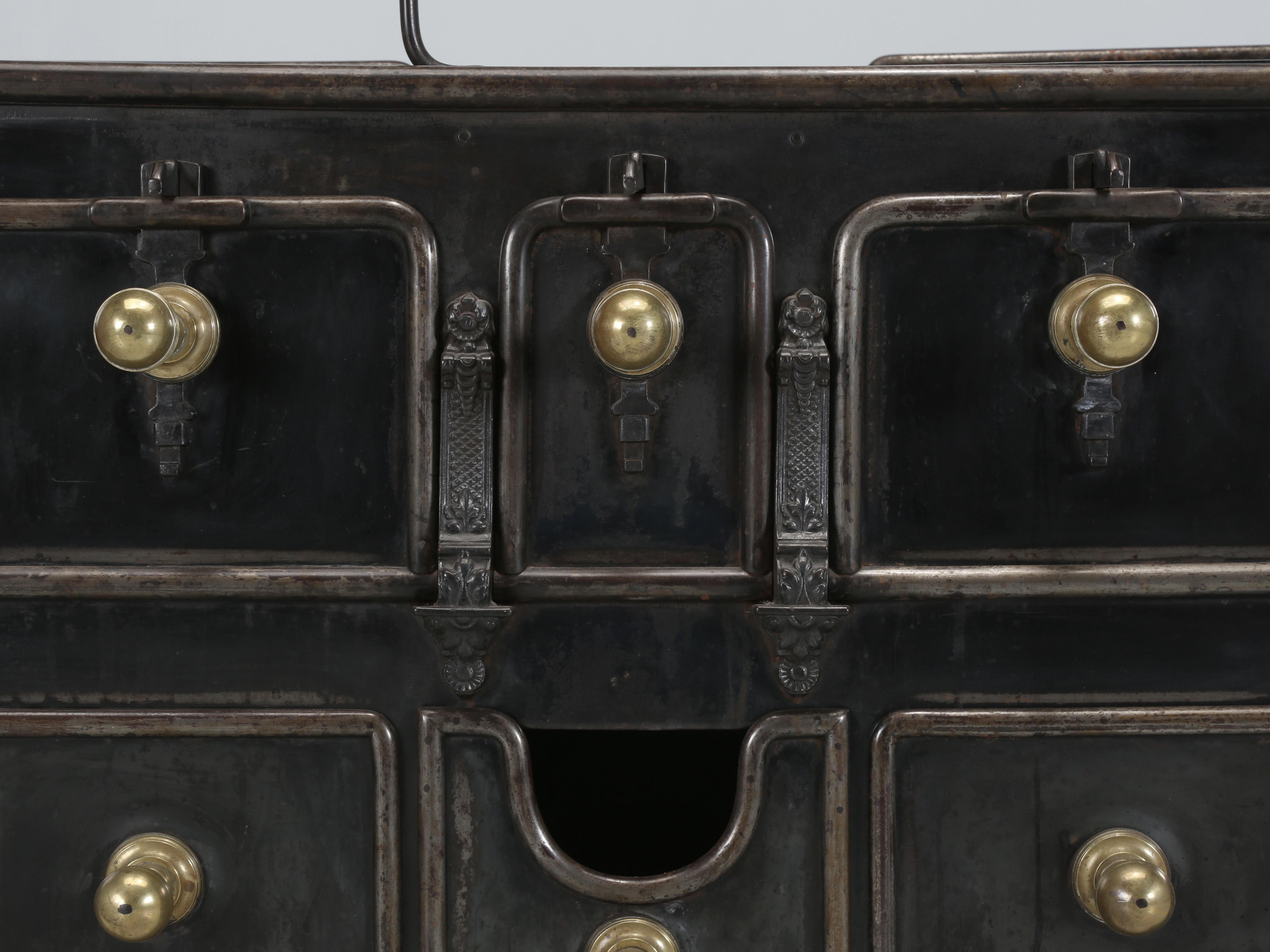 Antique French Cast Iron Stove, Brass Gallery, Oversize Beautiful Brass Handles For Sale 5