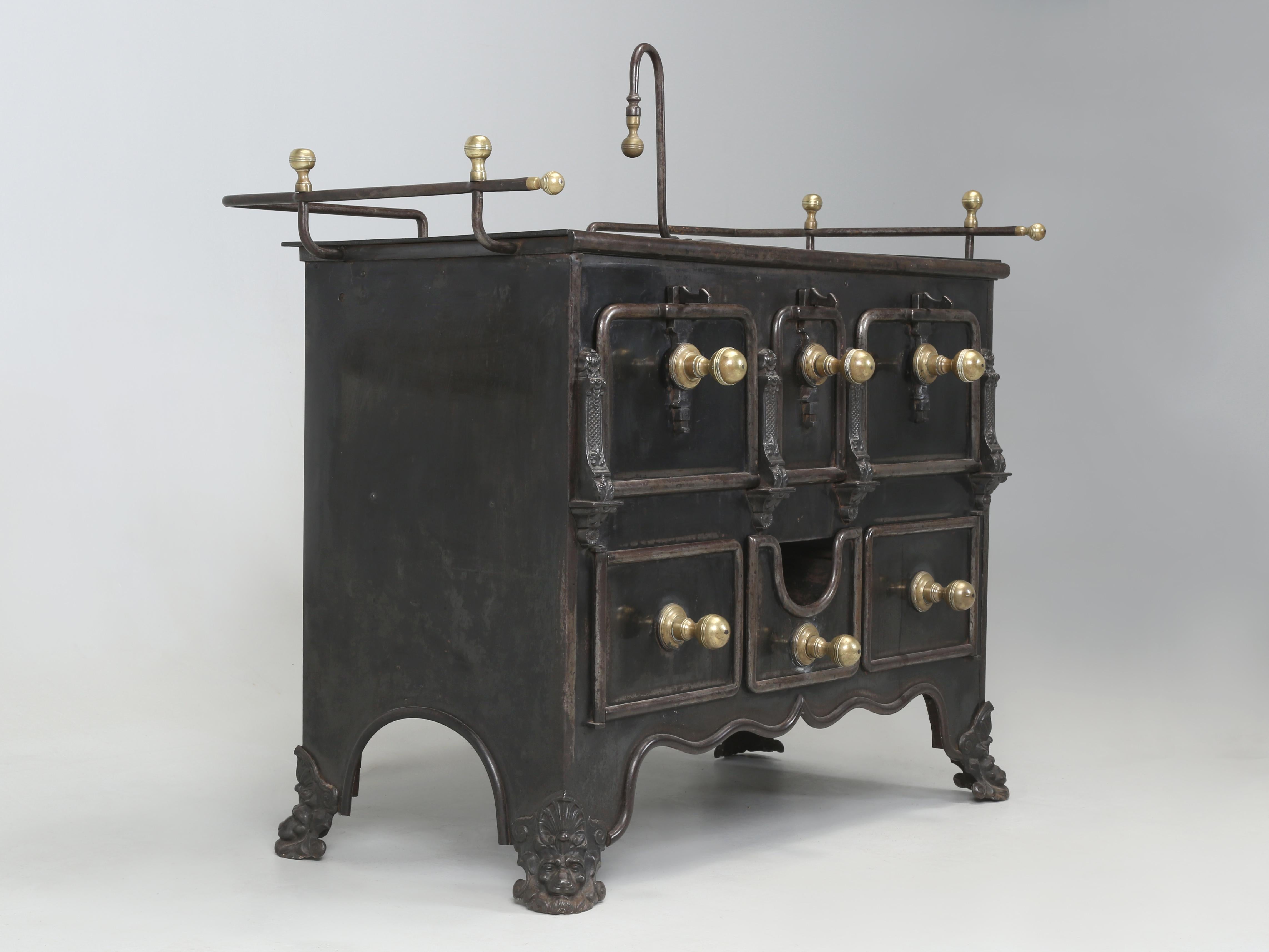 Industrial Antique French Cast Iron Stove, Brass Gallery, Oversize Beautiful Brass Handles For Sale