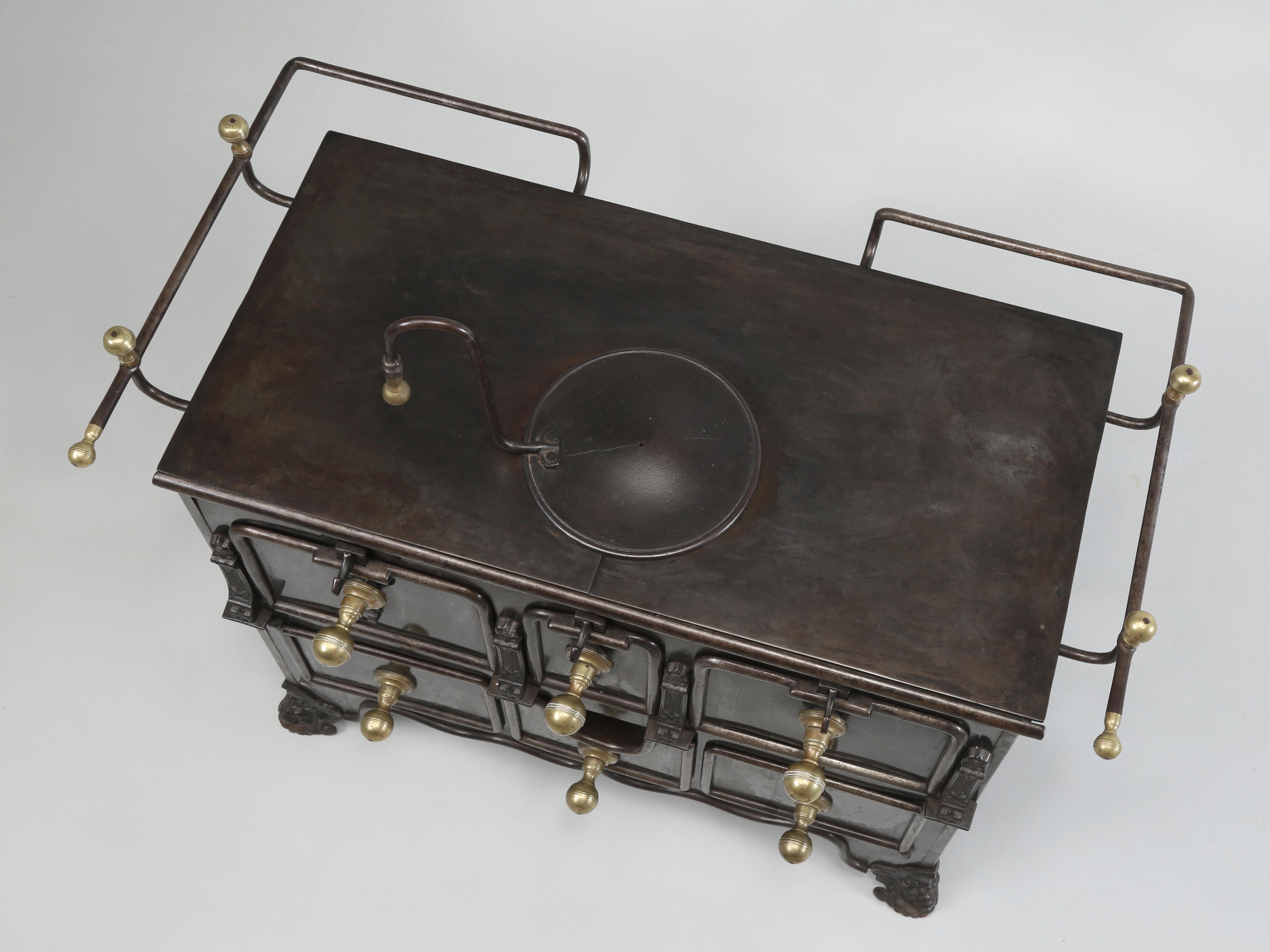 Blackened Antique French Cast Iron Stove, Brass Gallery, Oversize Beautiful Brass Handles For Sale