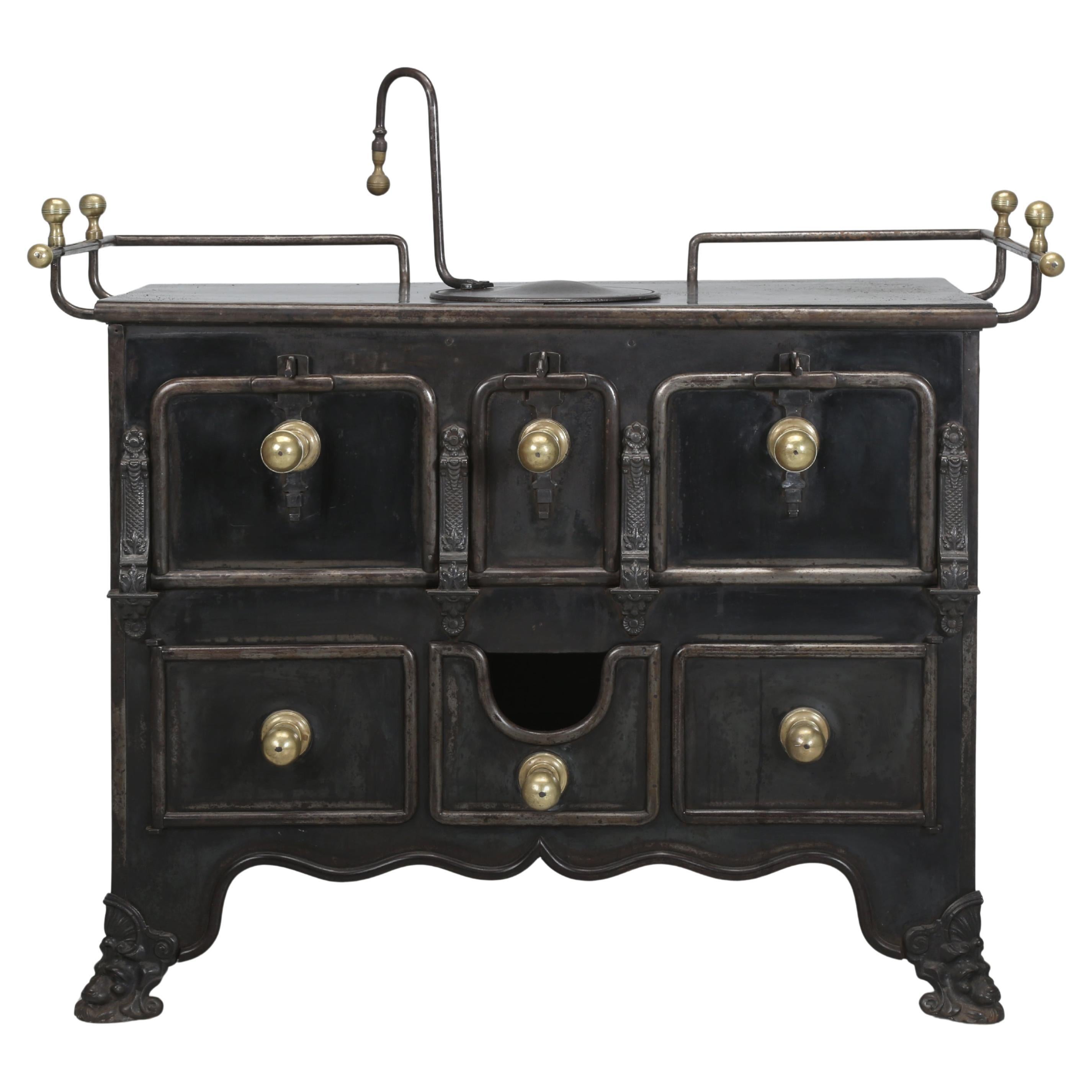 Antique French Cast Iron Stove, Brass Gallery, Oversize Beautiful Brass Handles For Sale
