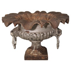 Antique French Cast Iron Vase with Lion Head Handles and Gardroons, 19th Century