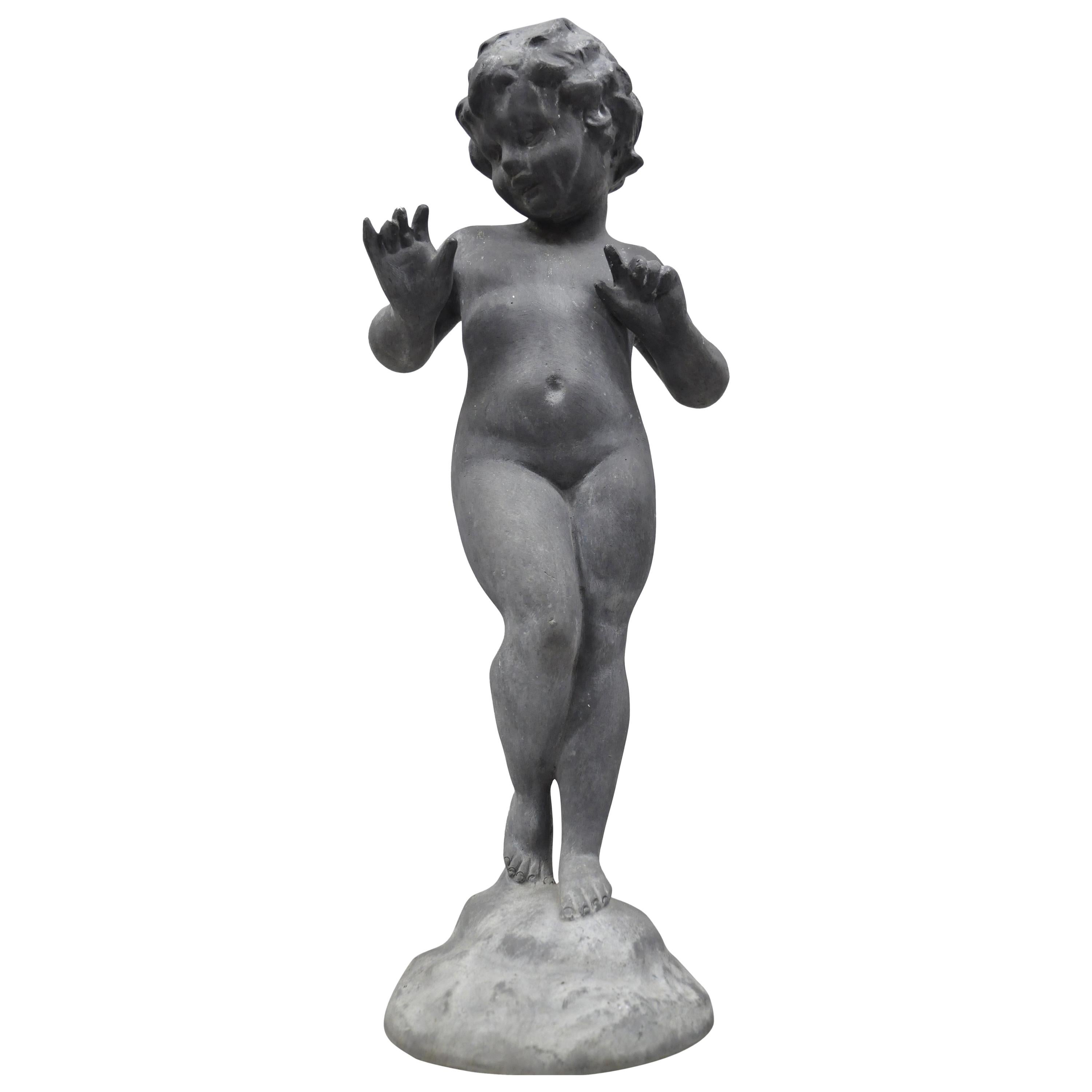 Antique French Cast Lead Garden Cherub Figure Statue Sculpture