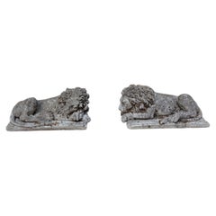 Antique French Cast Stone Garden Lions with Weathered Patina, 1930s