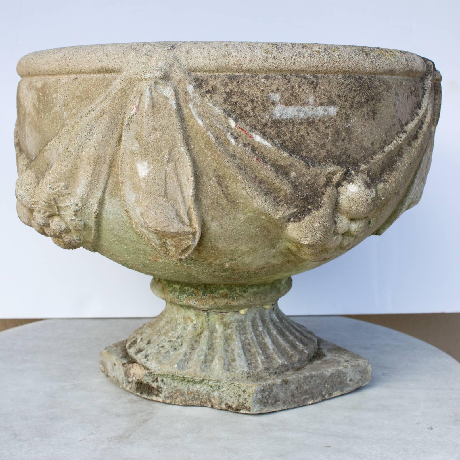 Antique French Cast Stone Urn Planter Pair with Swag and Fruit Detail 3