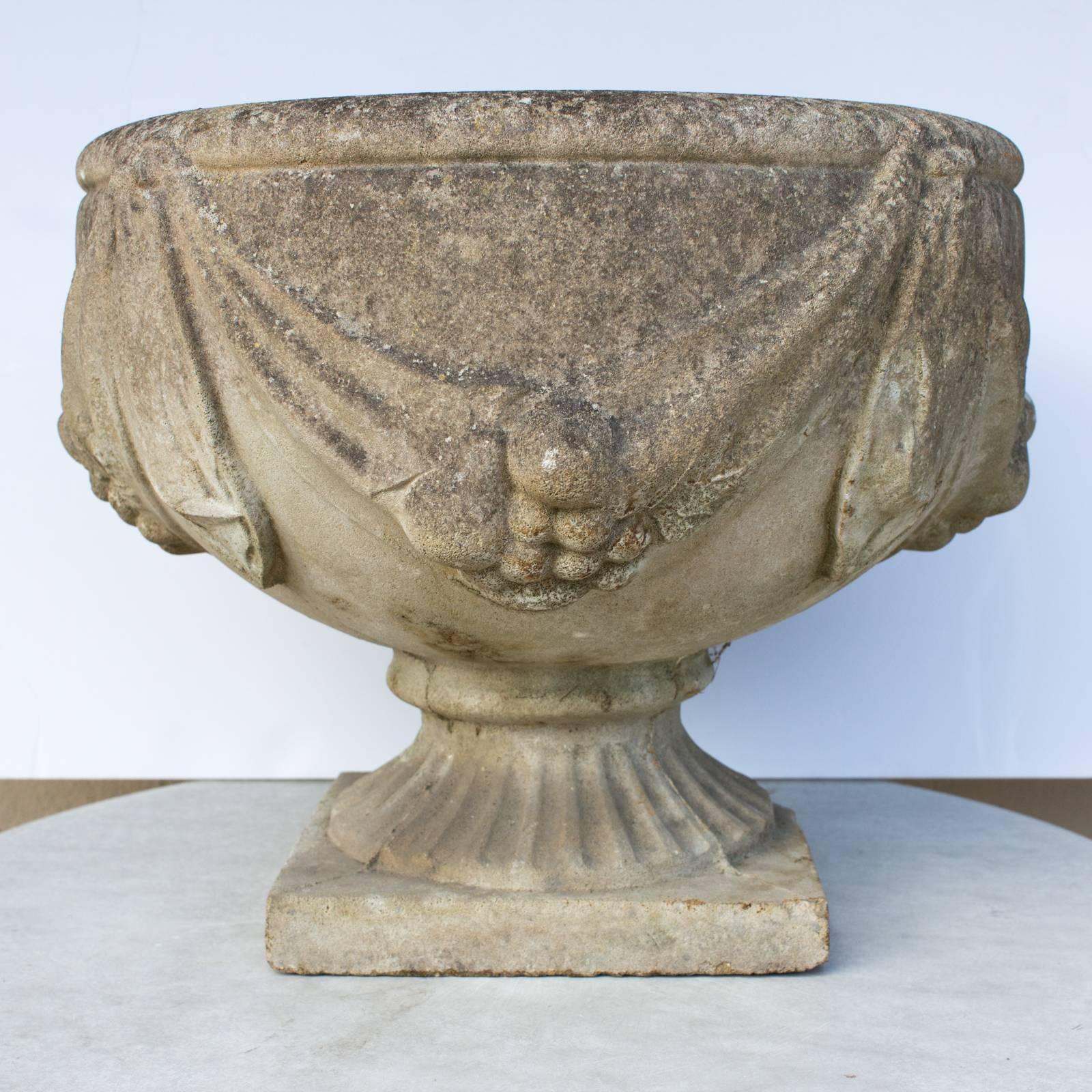 Antique French Cast Stone Urn Planter Pair with Swag and Fruit Detail 4
