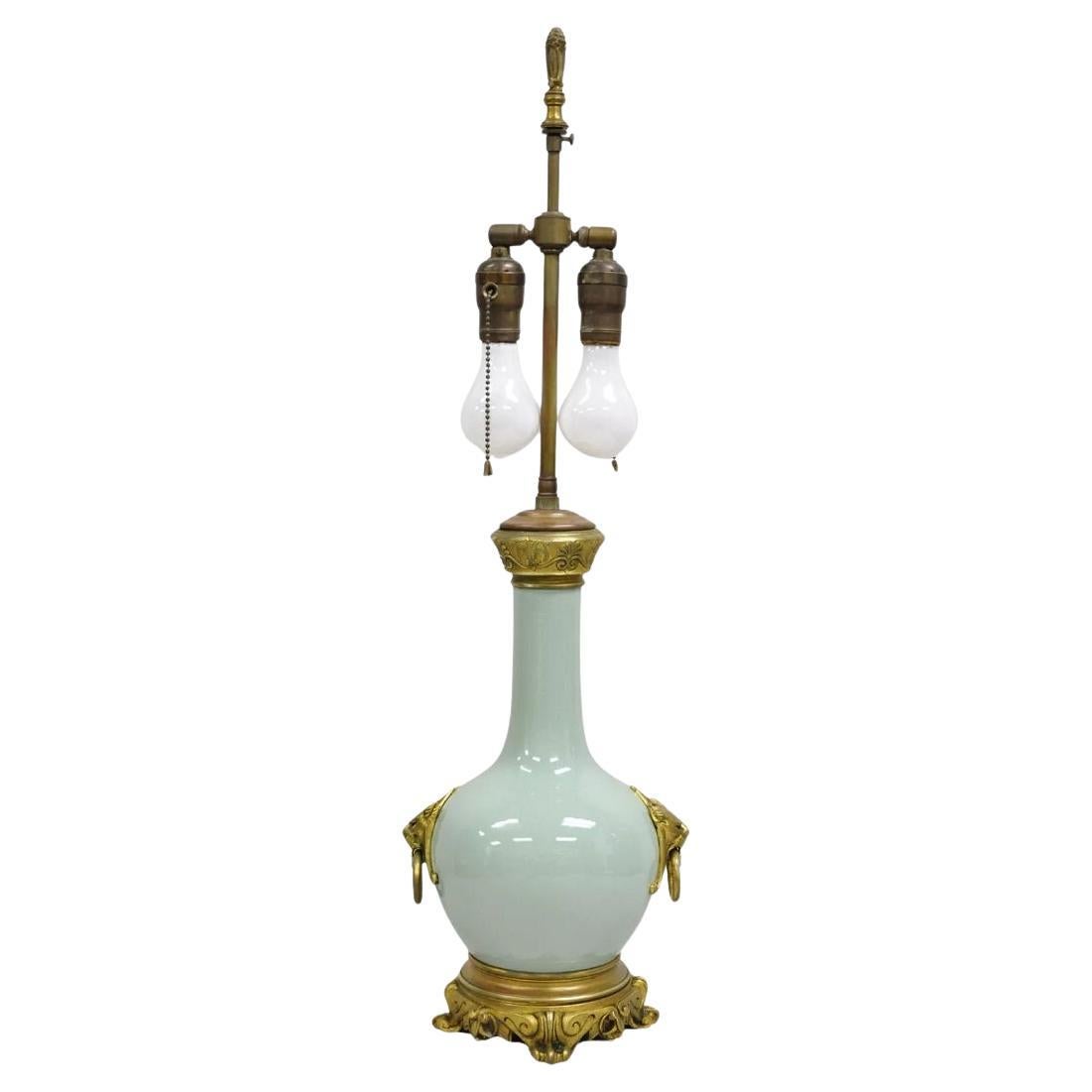 Antique French Celadon Green Bulbous Porcelain Table Lamp w/ Bronze Lion Ormolu