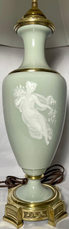 Antique French Celadon "Pate Sur Pate" Porcelain & Gold Bronze Lamp, Circa 1900