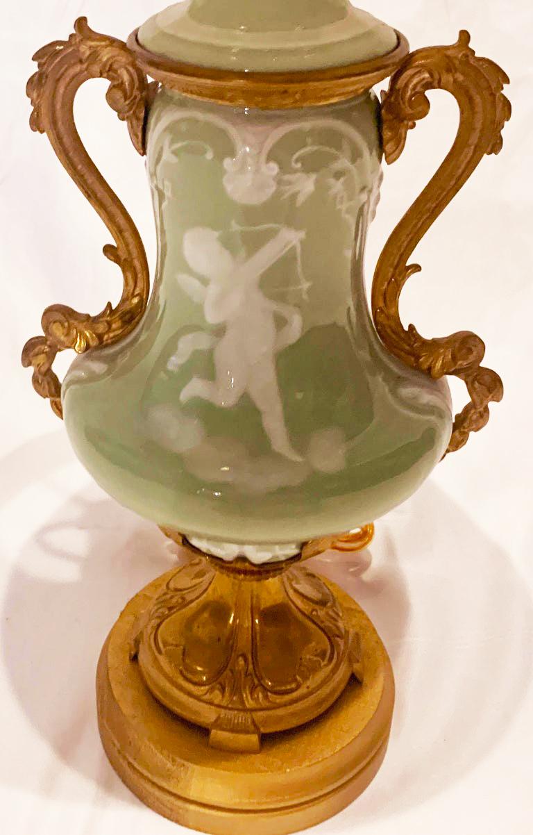 19th Century Antique French Celadon Porcelain Lamp with Bronze D' Ore Mounts, circa 1880's For Sale