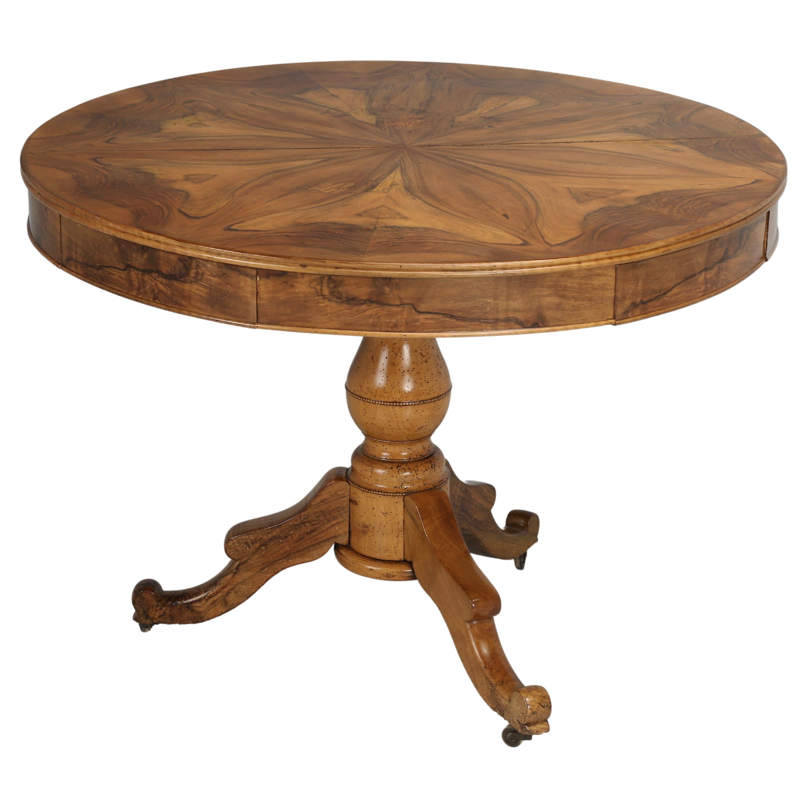 Antique French Center Hall Table in Crotch Walnut with French Polish Finish