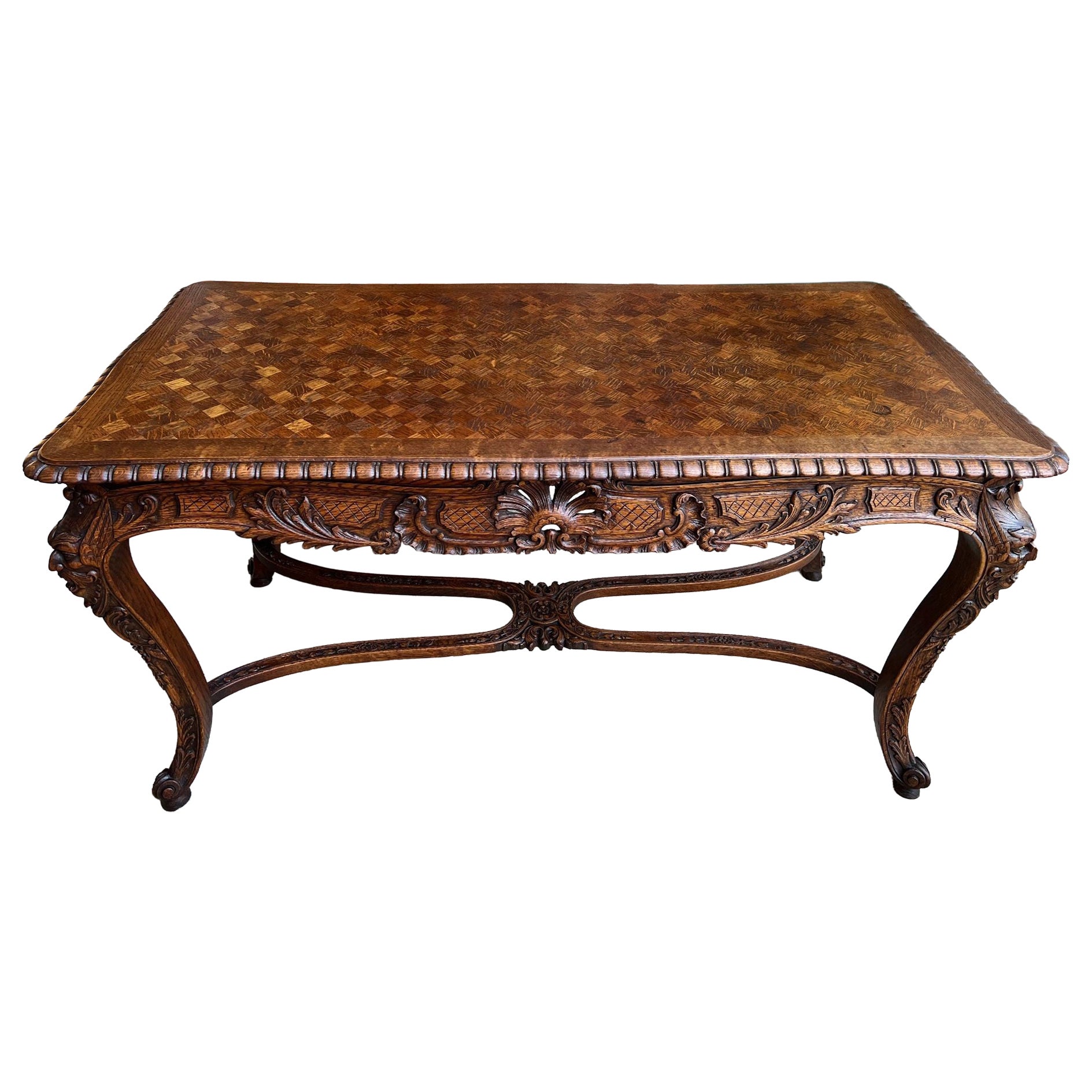 Antique French Center Library Table Louis XV Carved Oak Rococo Parquetry c1890