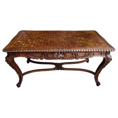 Antique French Center Library Table Louis XV sculptée en Oak Rococo Parquetry c1890