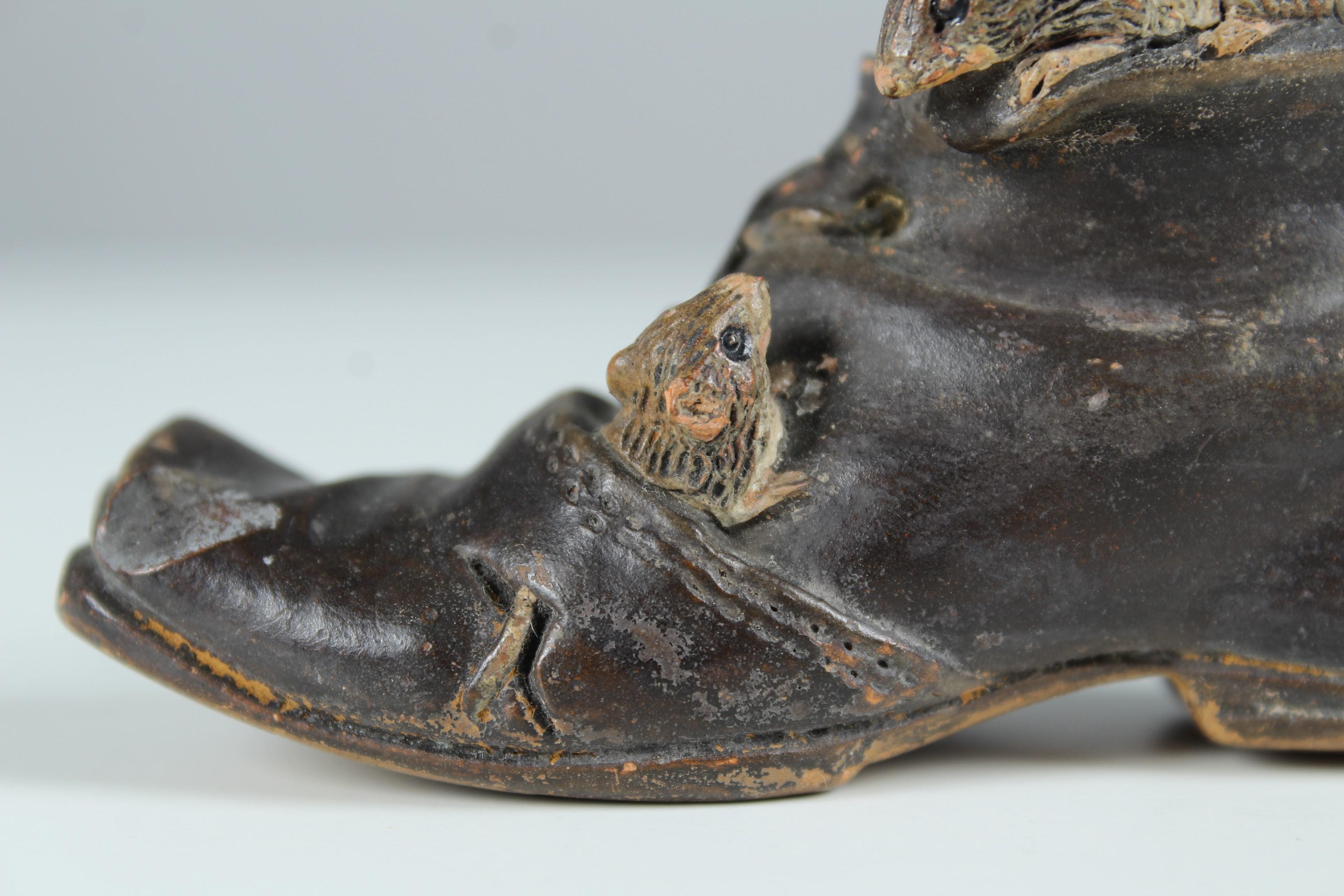 Painted Antique French Ceramic, Shoe With Mice, Circa 1900 For Sale