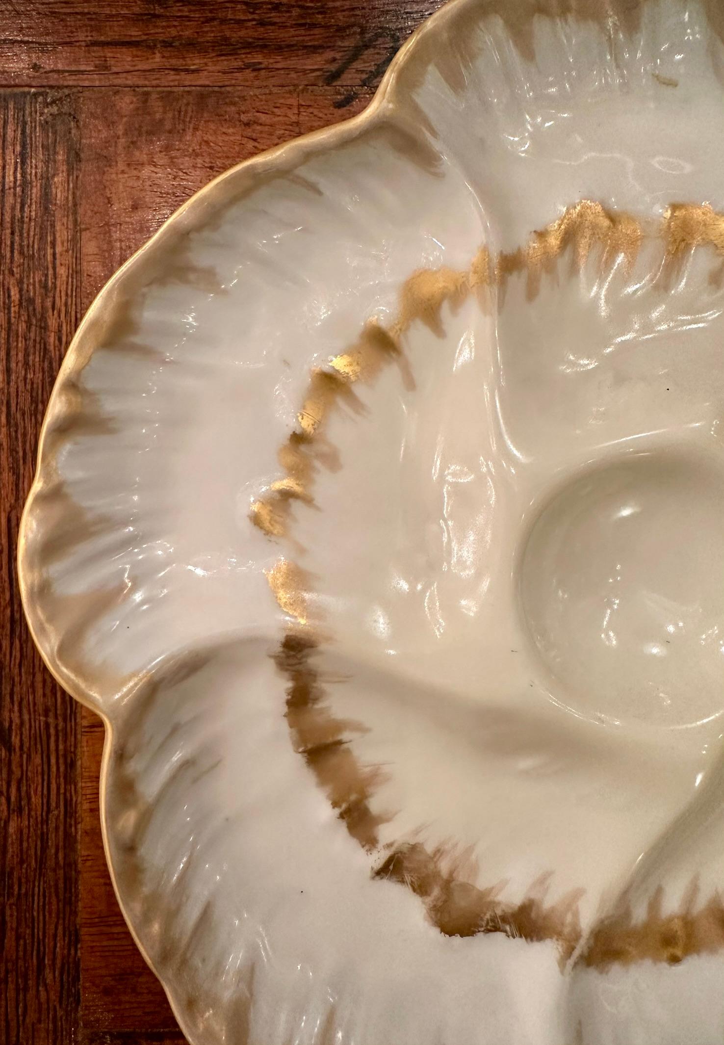 Antique French CFH Limoges Porcelain Ivory & Gold Detail Oyster Plate Circa 1900 In Good Condition For Sale In New Orleans, LA