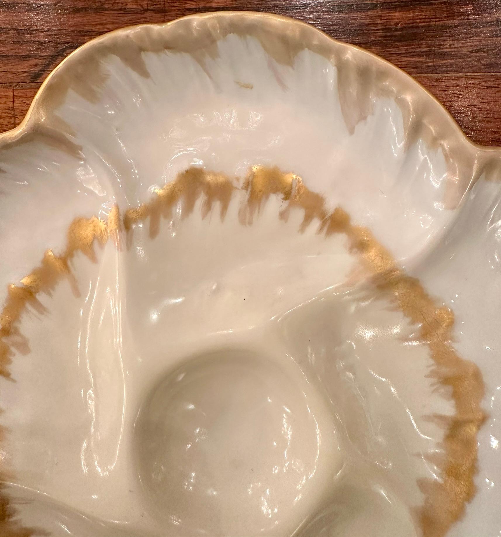 20th Century Antique French CFH Limoges Porcelain Ivory & Gold Detail Oyster Plate Circa 1900 For Sale