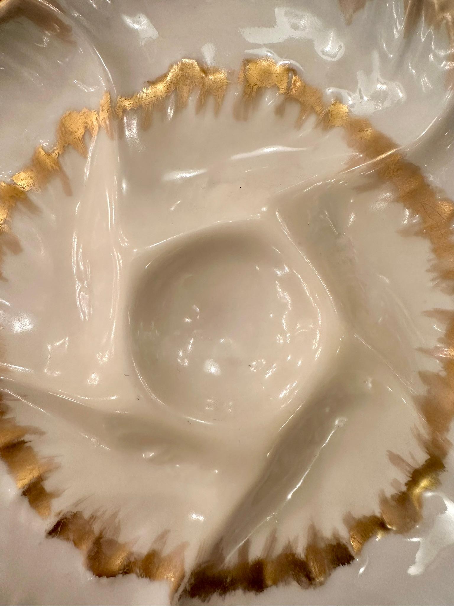 Antique French CFH Limoges Porcelain Ivory & Gold Detail Oyster Plate Circa 1900 For Sale 1