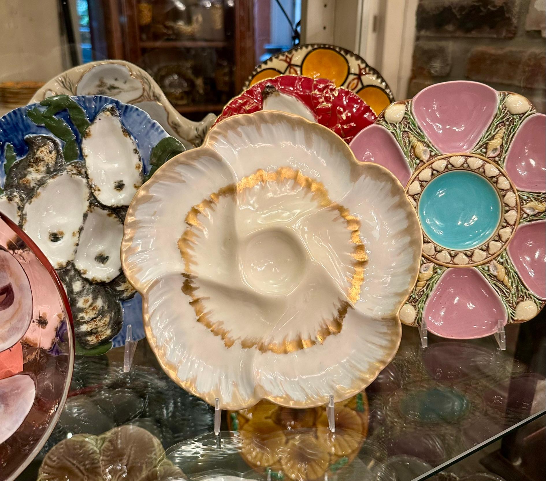 Antique French CFH Limoges Porcelain Ivory & Gold Detail Oyster Plate Circa 1900 For Sale 2