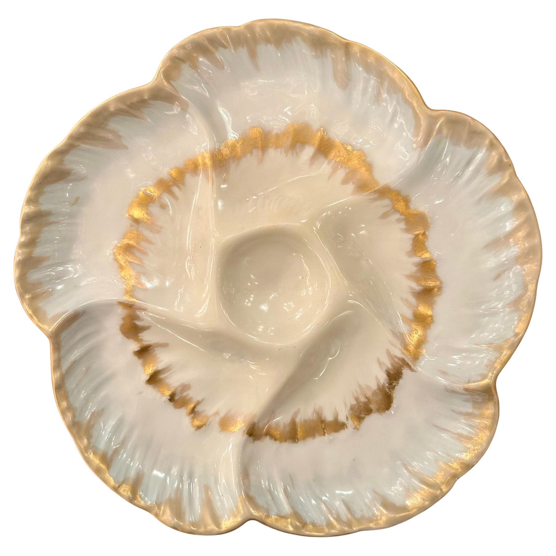 Antique French CFH Limoges Porcelain Ivory & Gold Detail Oyster Plate Circa 1900 For Sale