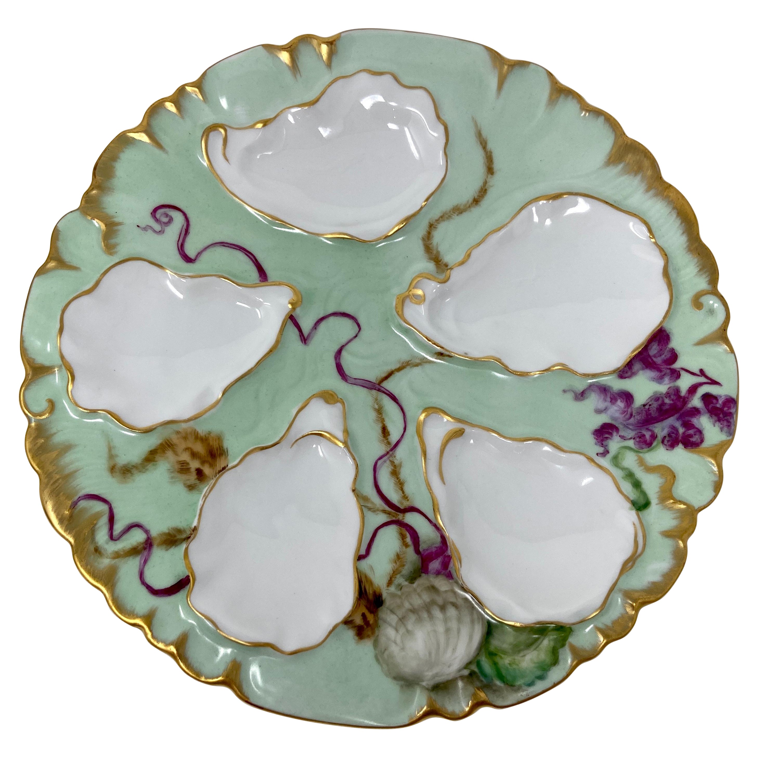 Antique French "C.F.H, Limoges" Porcelain Painted Sea Life Oyster Plate, Ca 1880