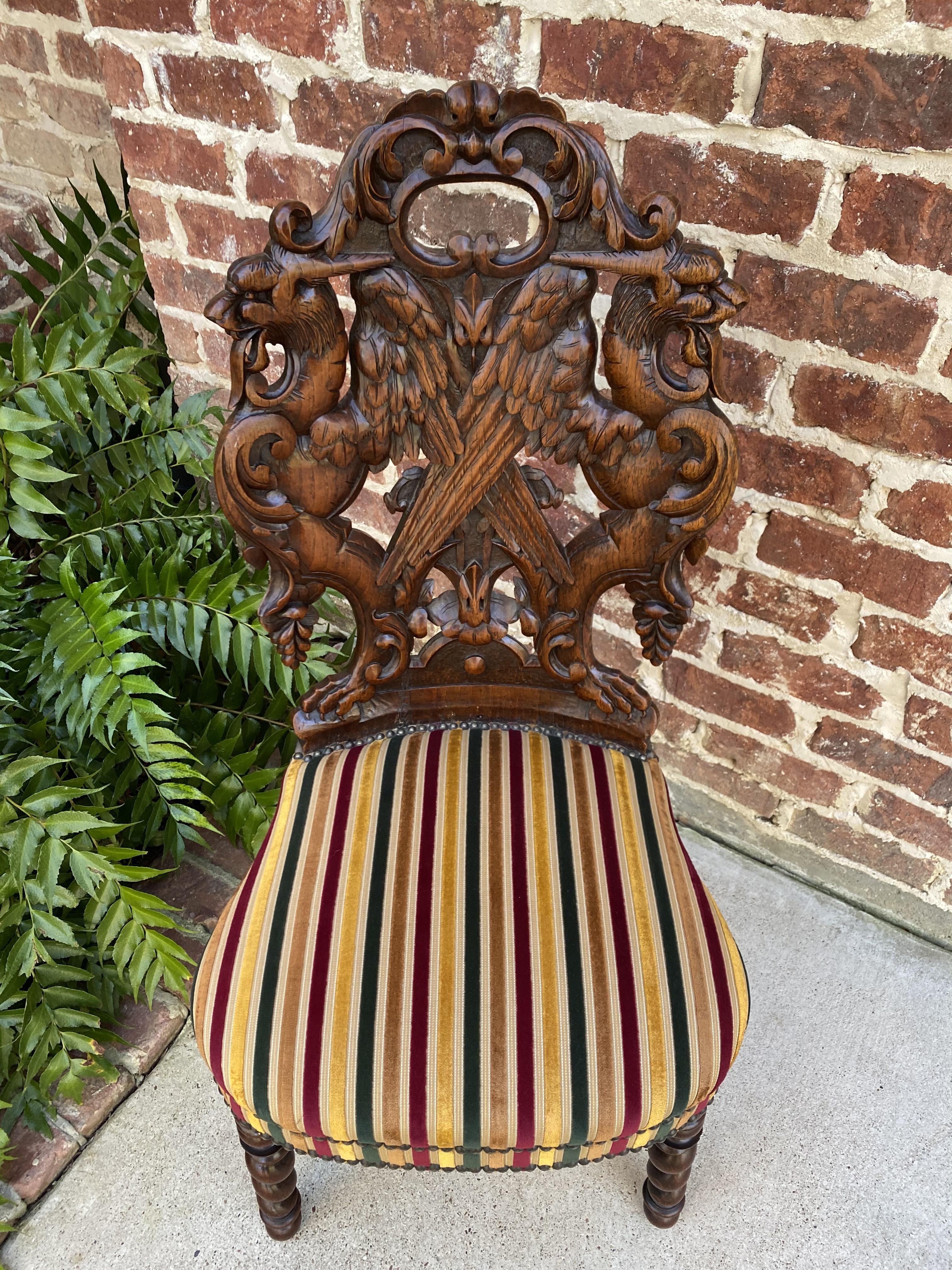 Antique French Chair Barley Twist Black Forest Carved Oak Upholstered 19th C 6