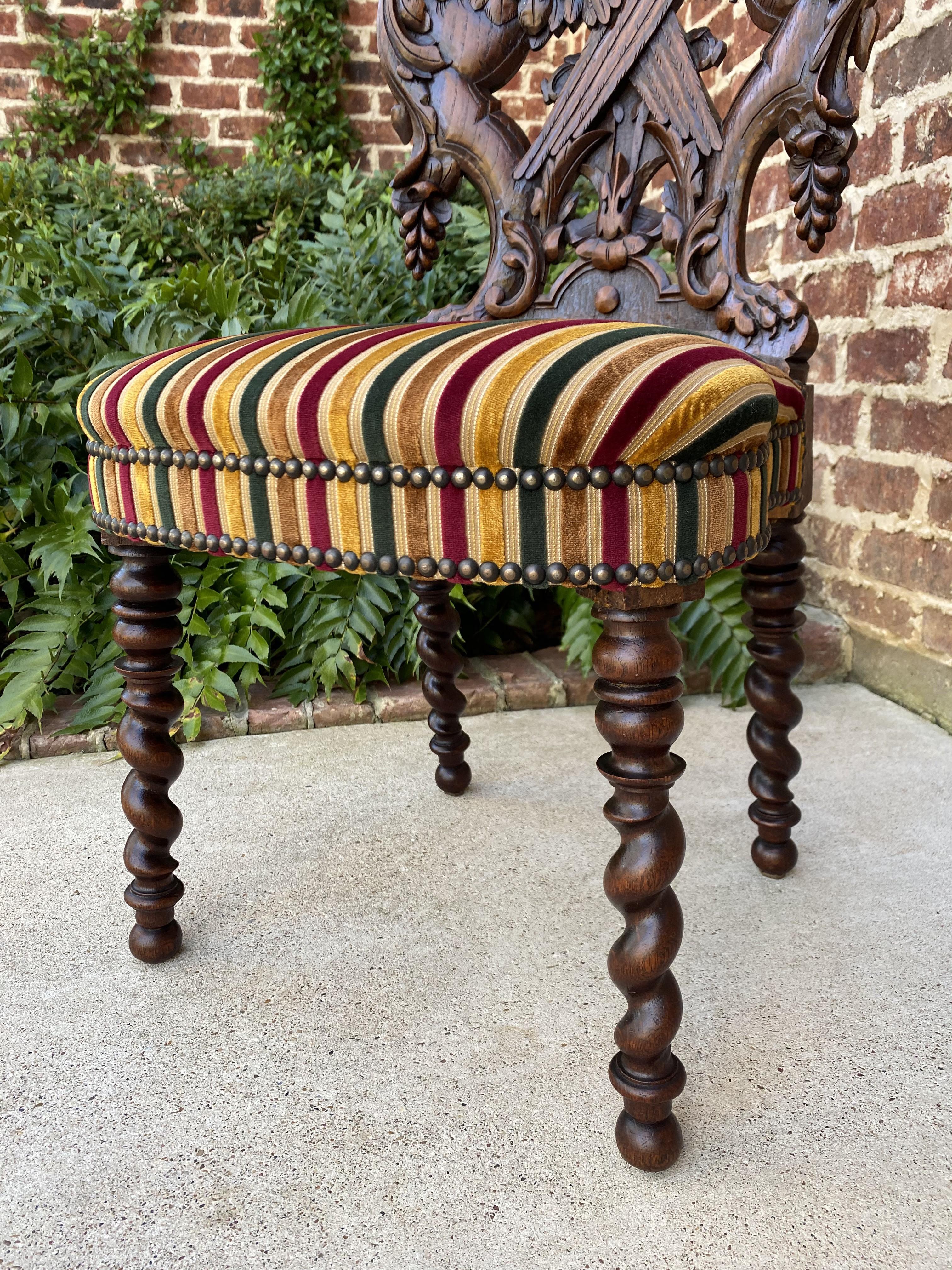 19th Century Antique French Chair Barley Twist Black Forest Carved Oak Upholstered 19th C