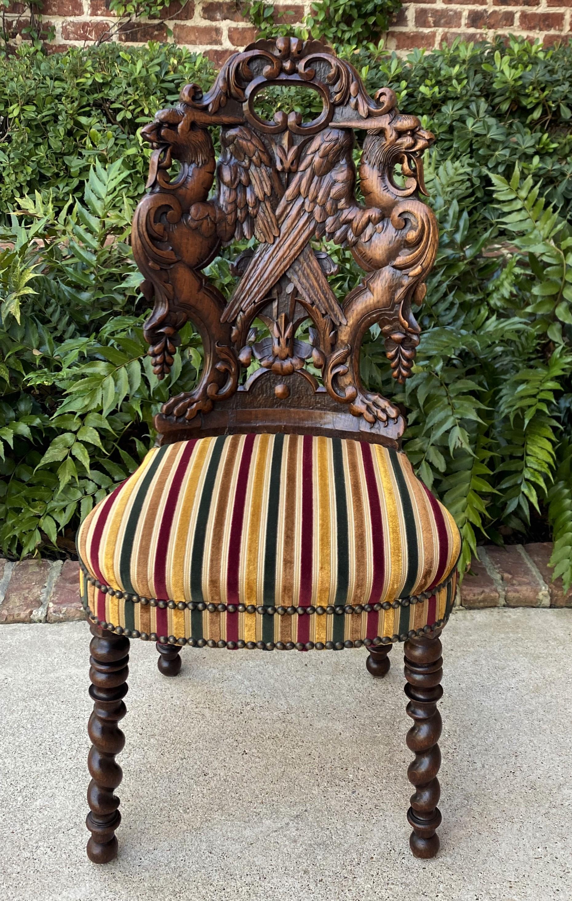 Antique French Chair Barley Twist Black Forest Carved Oak Upholstered 19th C 1