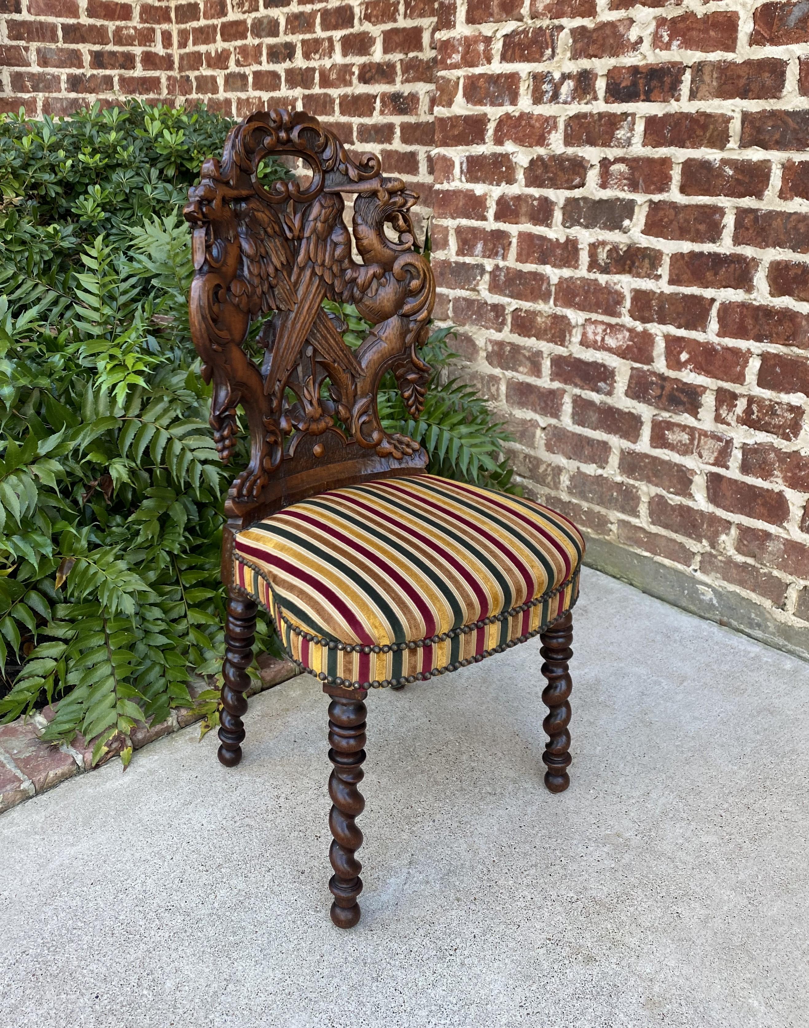 Antique French Chair Barley Twist Black Forest Carved Oak Upholstered 19th C 2