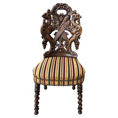 Antique French Chair Barley Twist Black Forest Carved Oak Upholstered 19th C