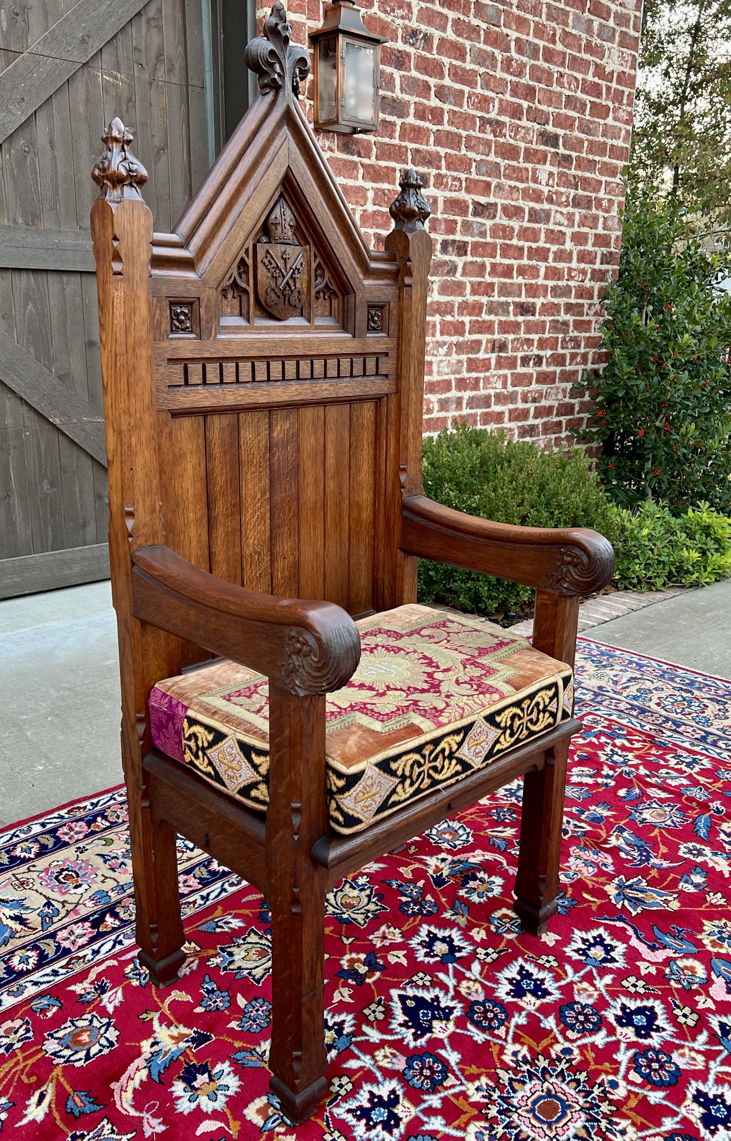Antique French Chair Gothic Revival Bishops Throne Altar Chair Cushion Oak 19thC 6