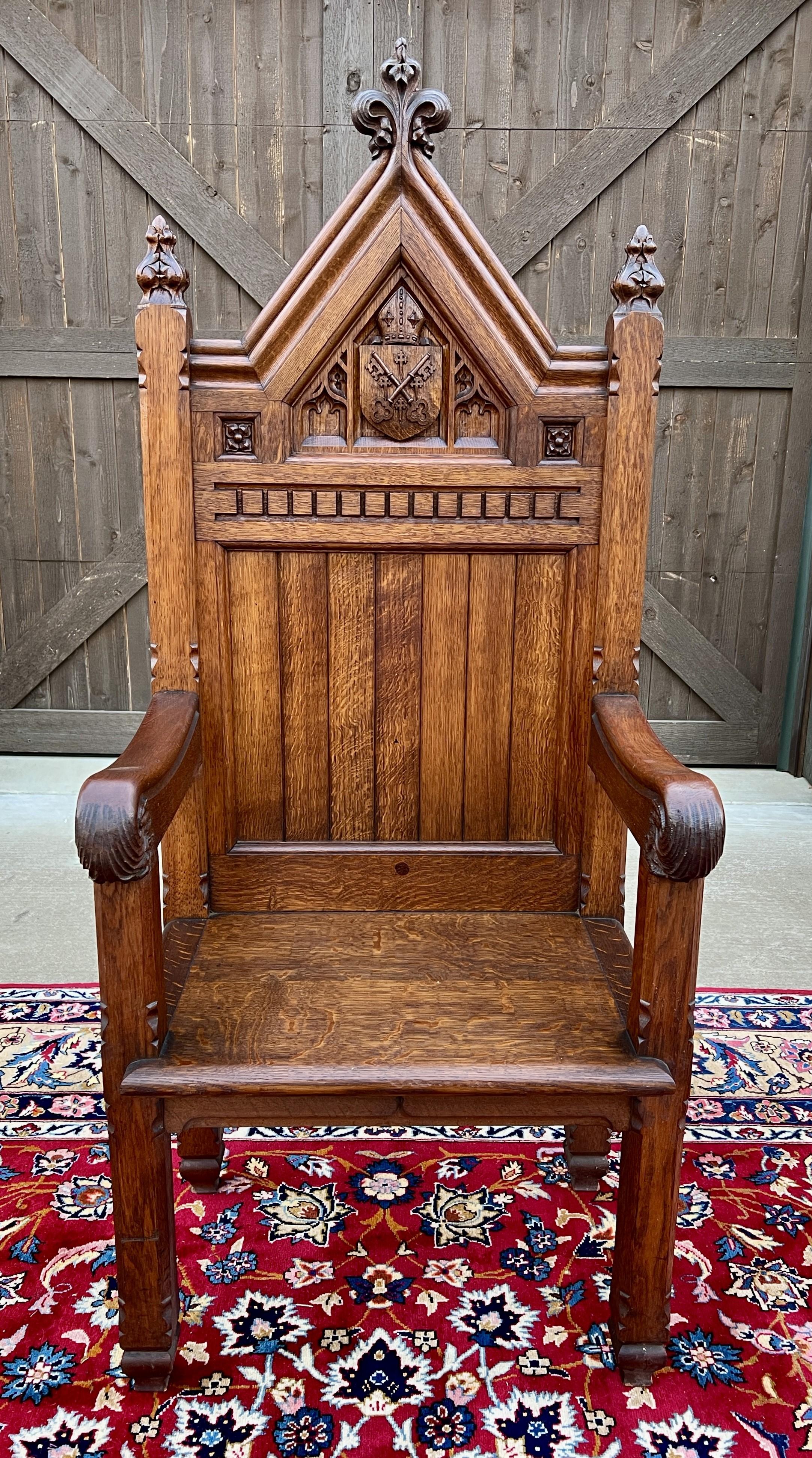 Antique French Chair Gothic Revival Bishops Throne Altar Chair Cushion Oak 19thC 8