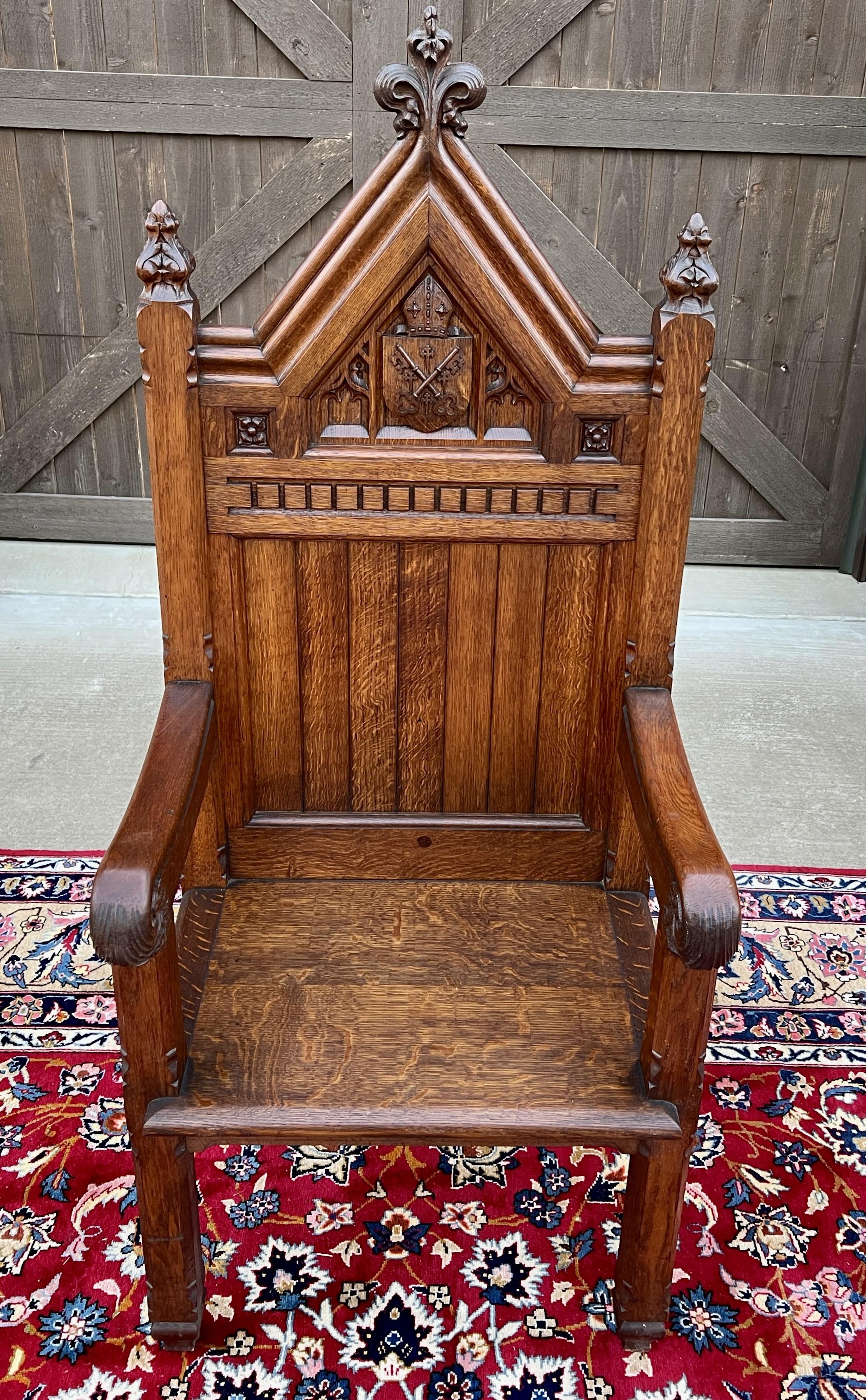 Antique French Chair Gothic Revival Bishops Throne Altar Chair Cushion Oak 19thC in vendita 11