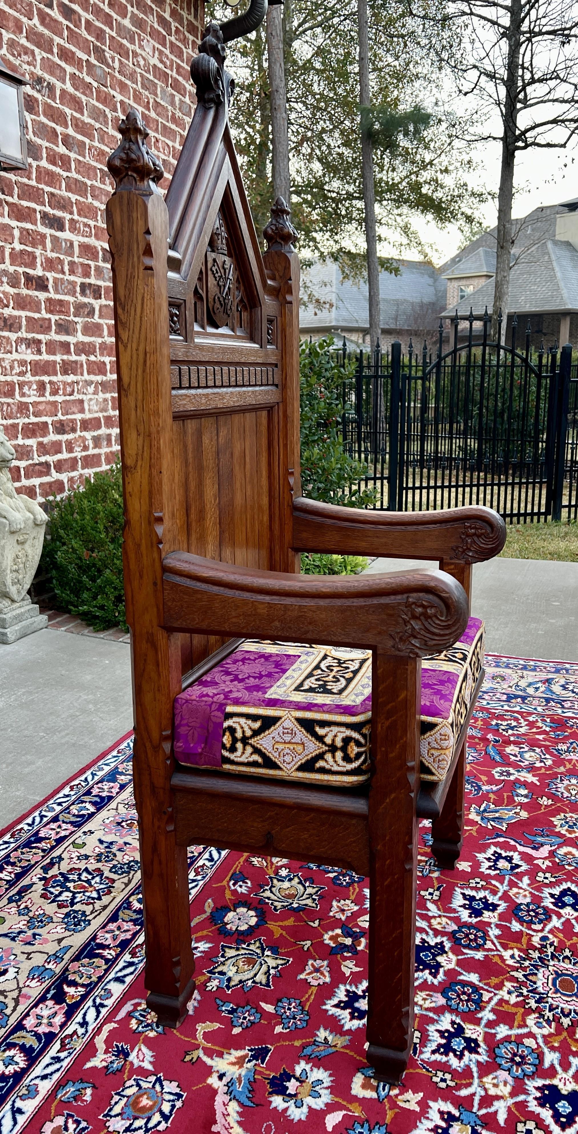 Carved Antique French Chair Gothic Revival Bishops Throne Altar Chair Cushion Oak 19thC