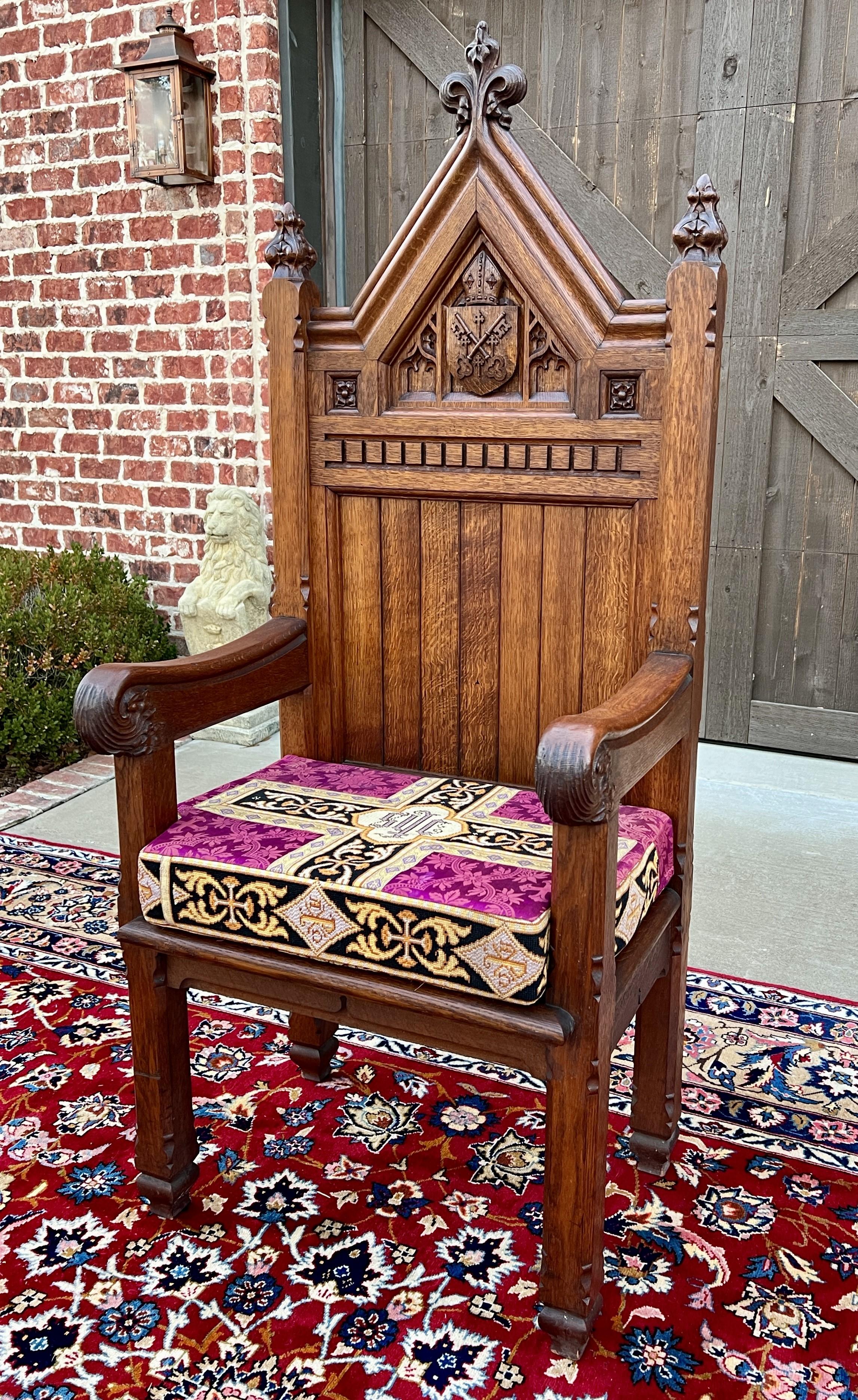 19th Century Antique French Chair Gothic Revival Bishops Throne Altar Chair Cushion Oak 19thC