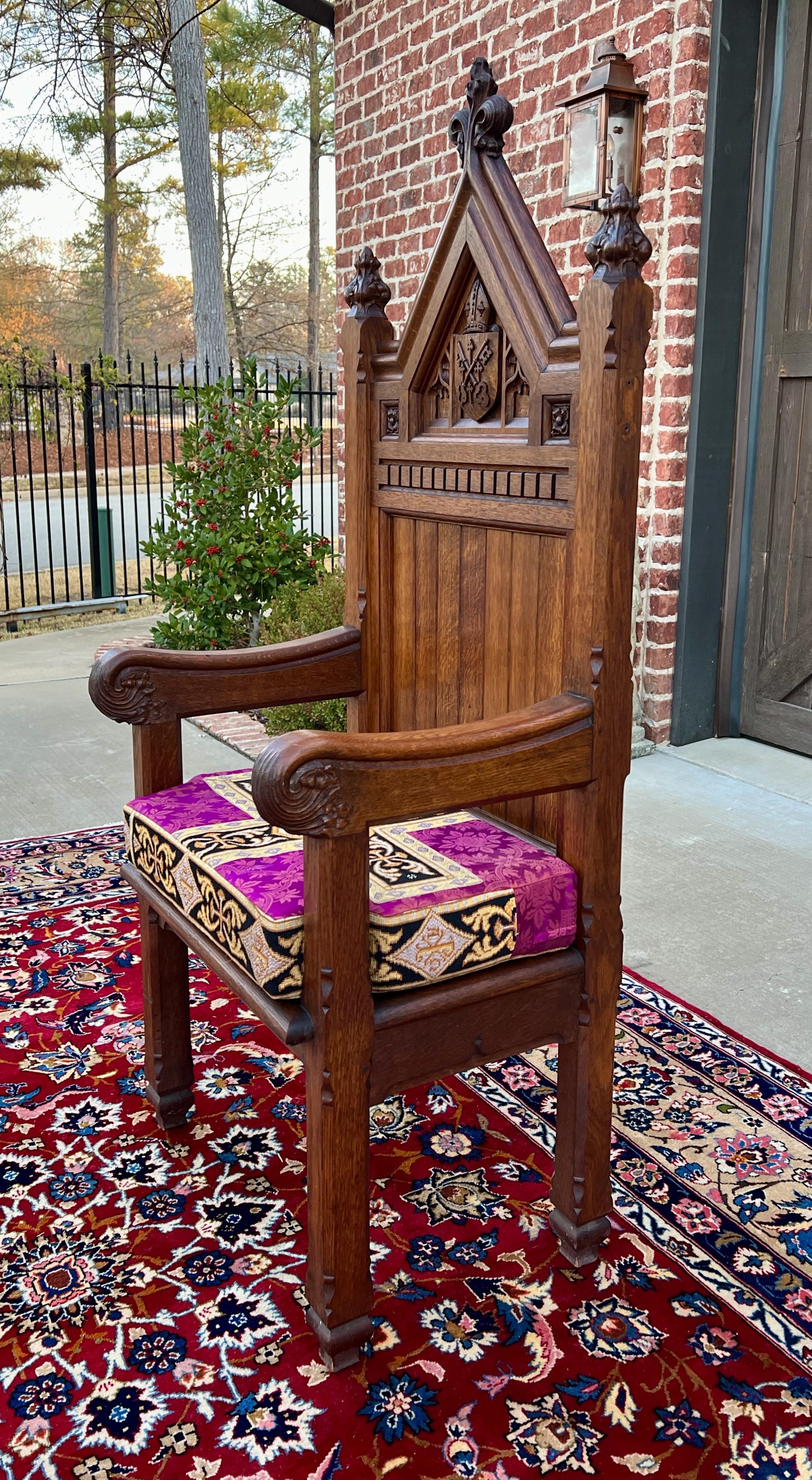 Antique French Chair Gothic Revival Bishops Throne Altar Chair Cushion Oak 19thC 1