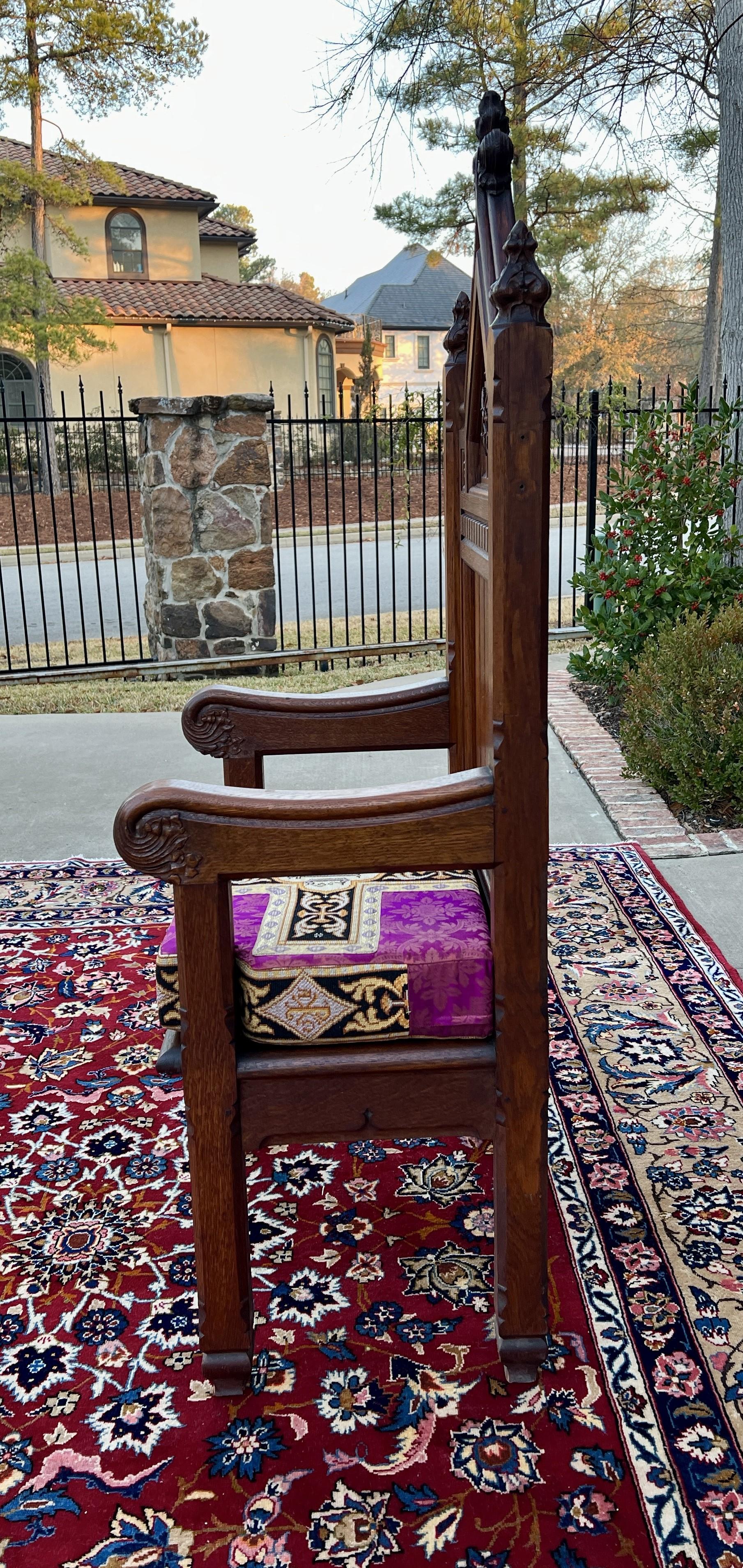 Antique French Chair Gothic Revival Bishops Throne Altar Chair Cushion Oak 19thC 2