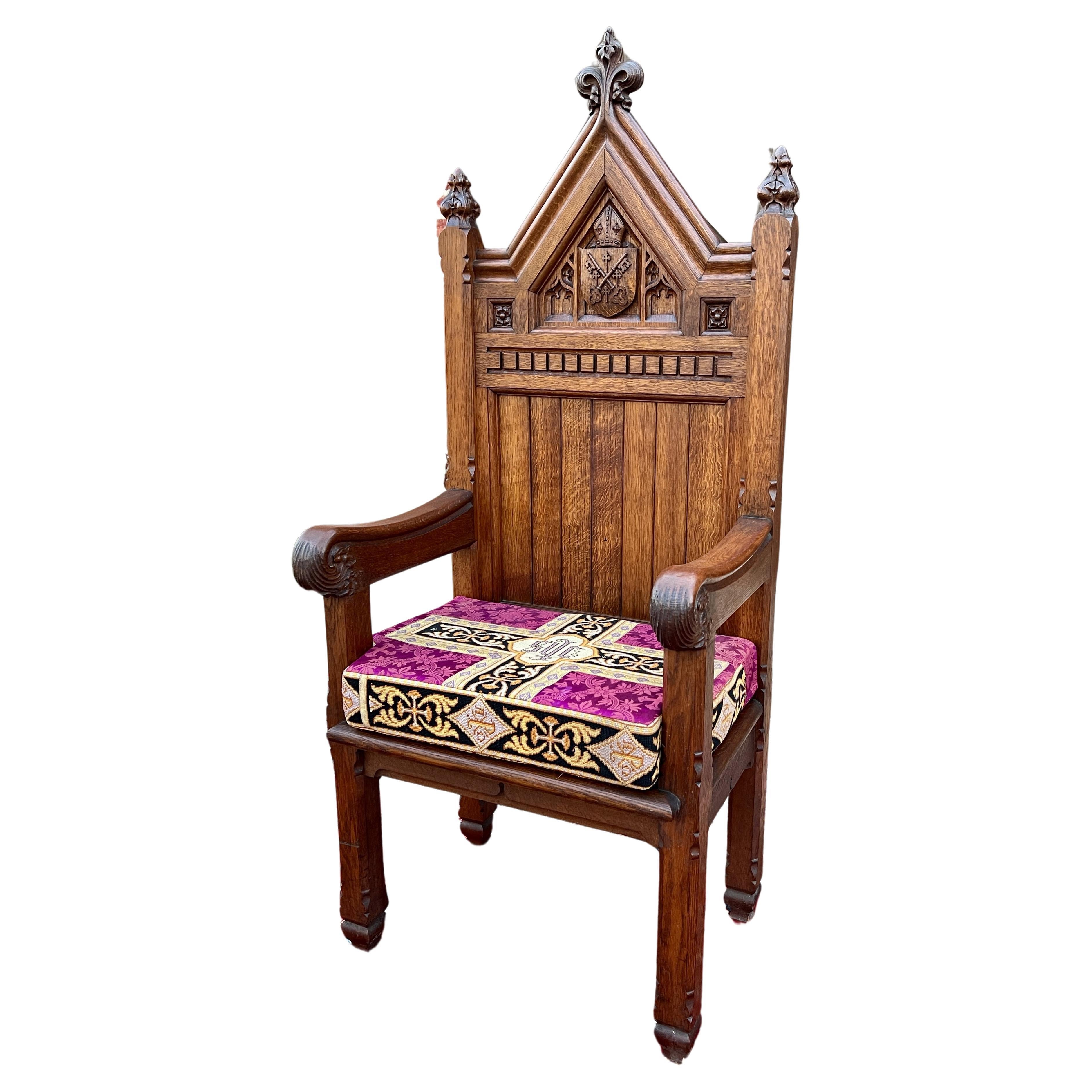 Antique French Chair Gothic Revival Bishops Throne Altar Chair Cushion Oak 19thC