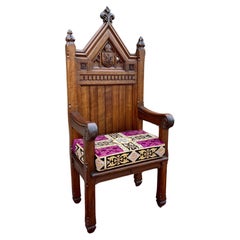 Antique French Chair Gothic Revival Bishops Throne Altar Chair Cushion Oak 19thC