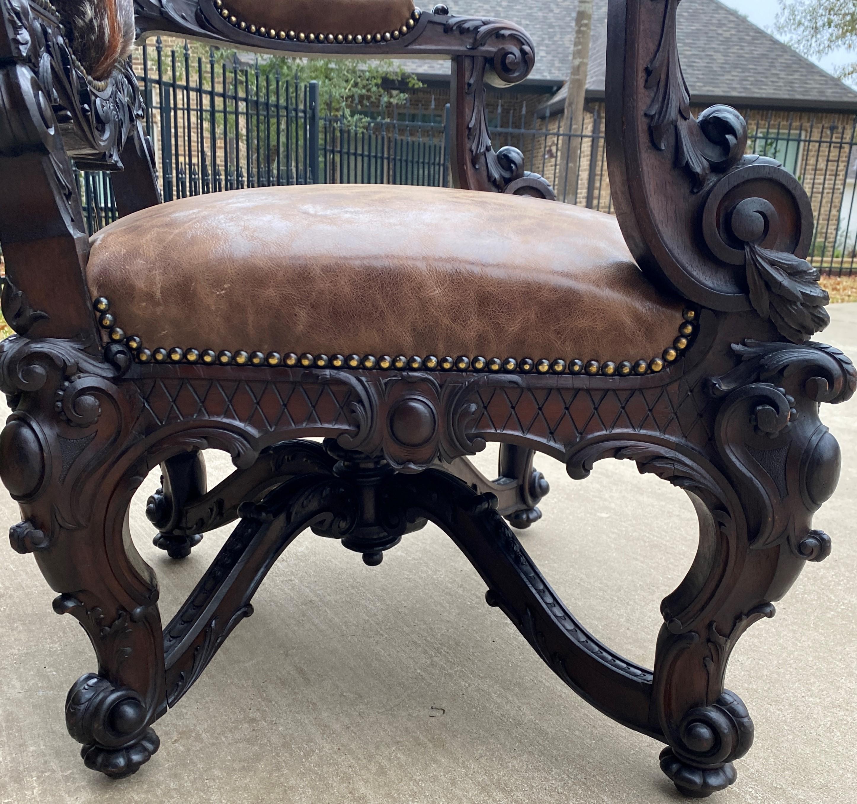 Antique French Chair Leather Cowhide Baroque Carved Oak Fireside Throne c. 1900 5